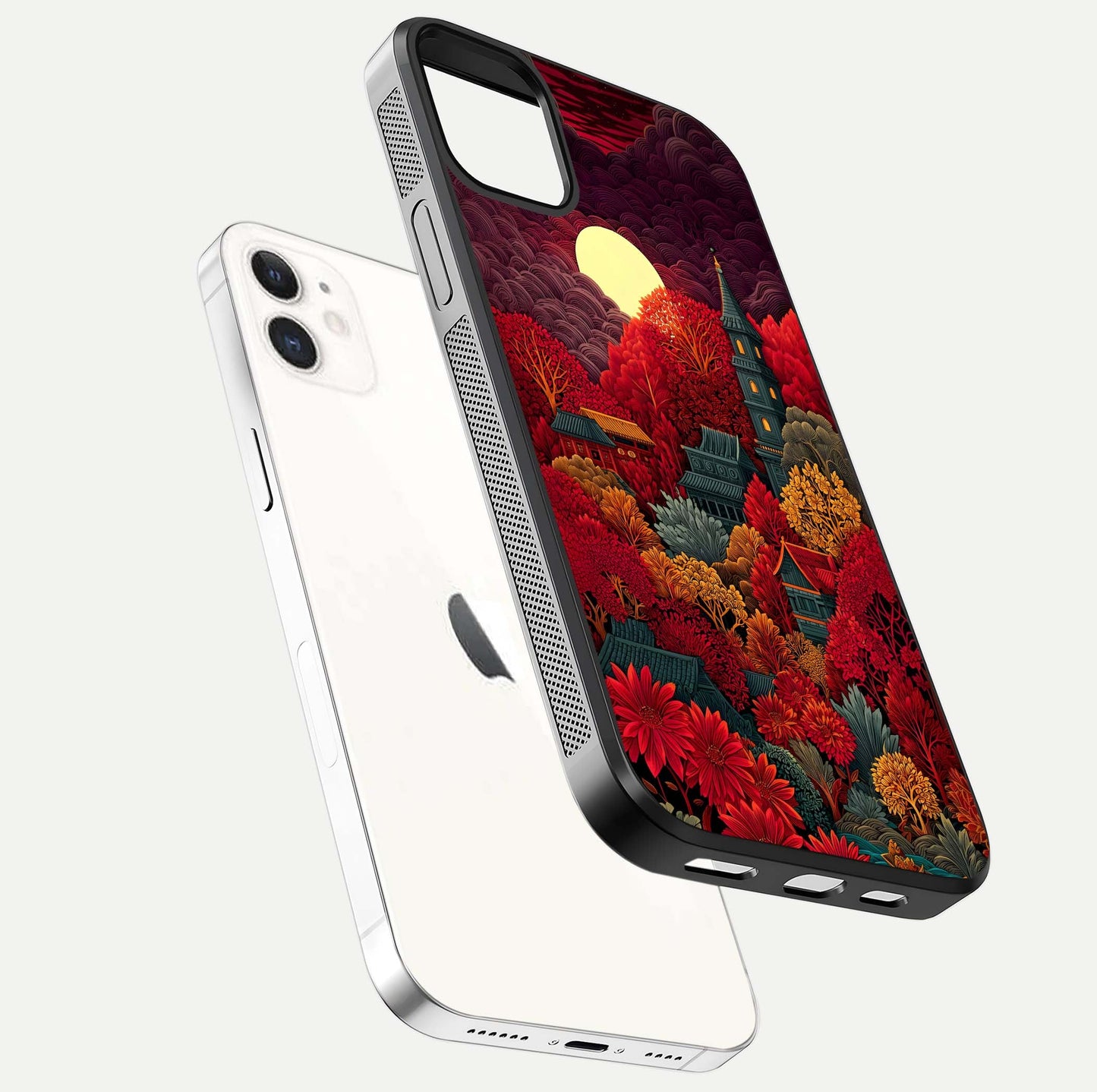 Scarlet Autumn Temple Glass Case for iPhone 12 Mini floating dual-view mockup displaying gloss shine and autumn tones