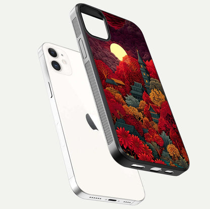 Scarlet Autumn Temple Glass Case for iPhone 12 Mini floating dual-view mockup displaying gloss shine and autumn tones