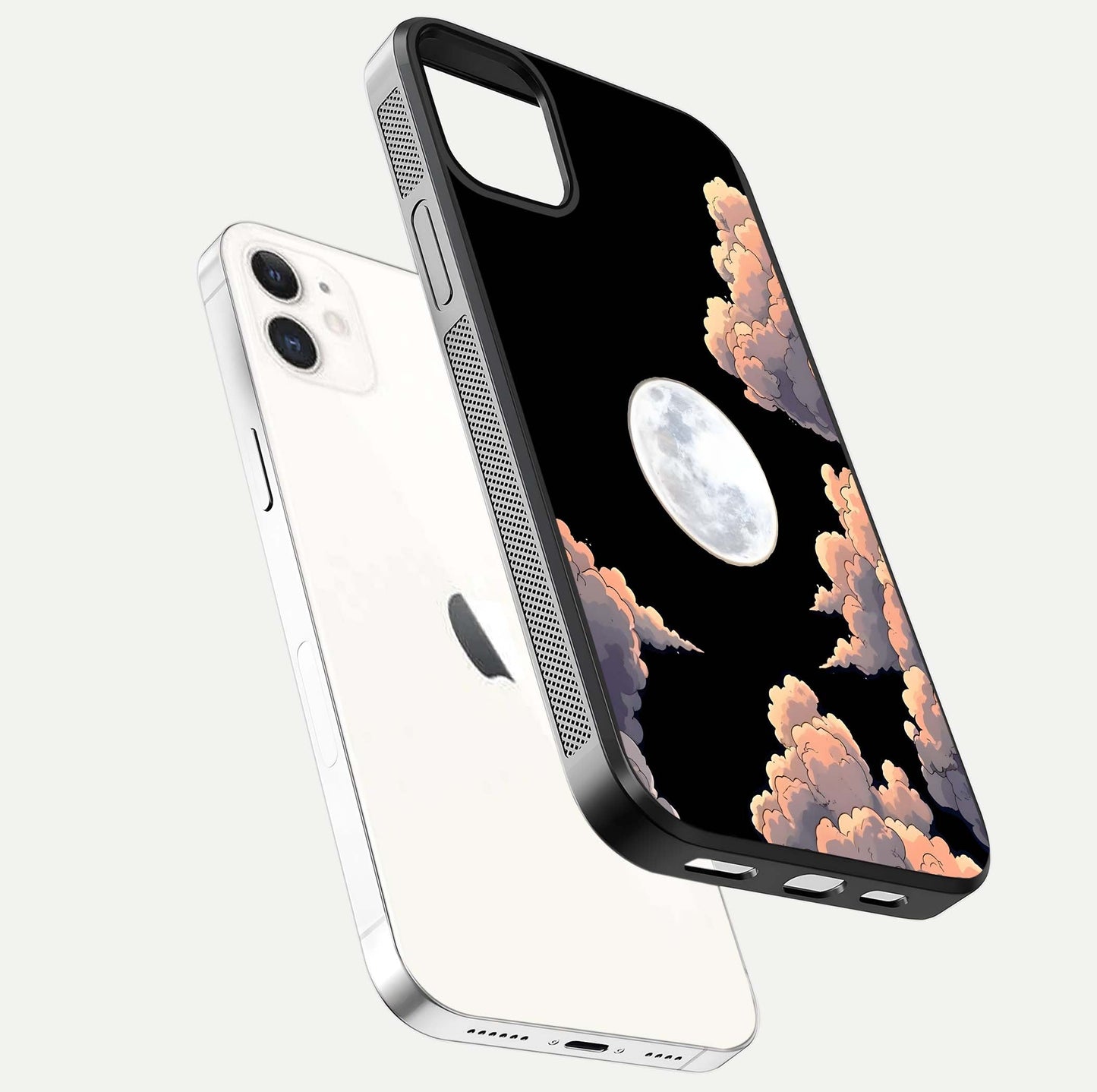 Shade Cloud Moon Glass Case for iPhone 12 Mini floating dual-view mockup showing gloss and celestial texture