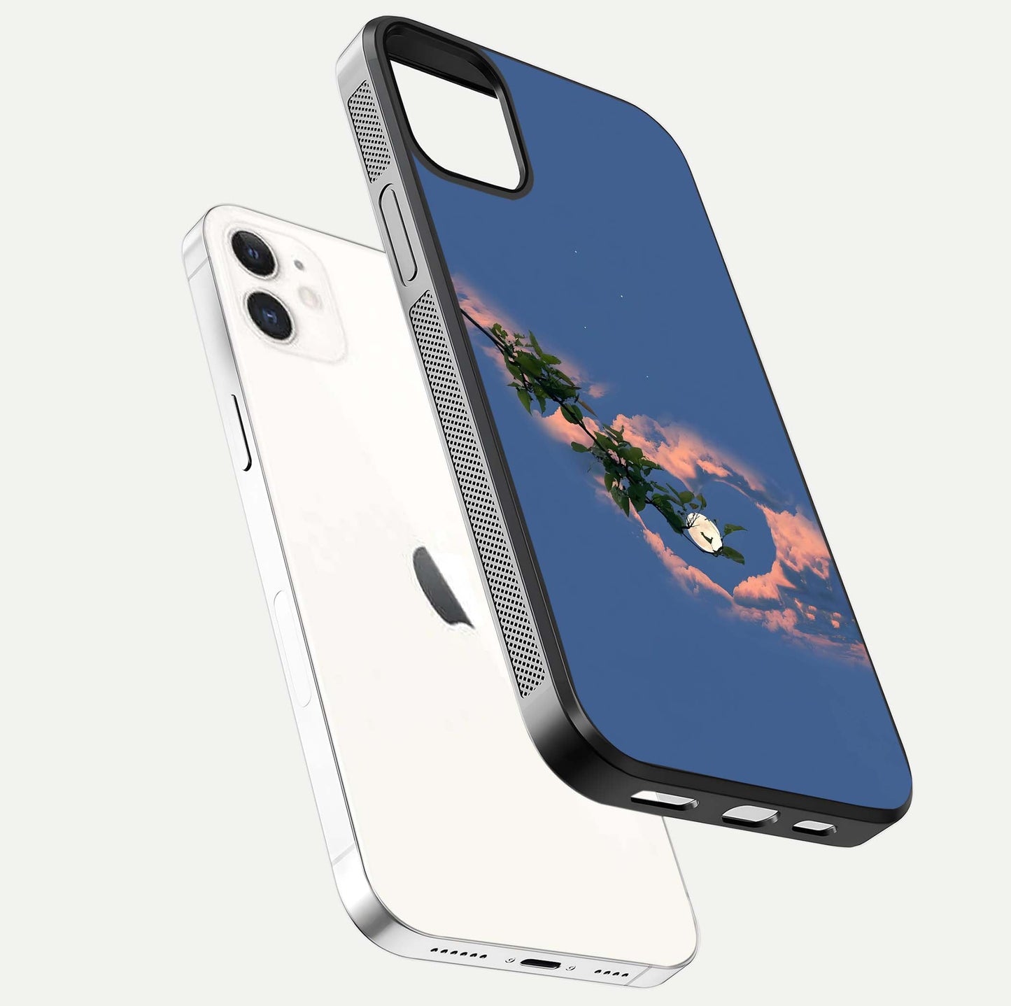 Sky Under Tree Glass Case for iPhone 12 Mini floating dual-view mockup displaying gloss reflection and landscape tone