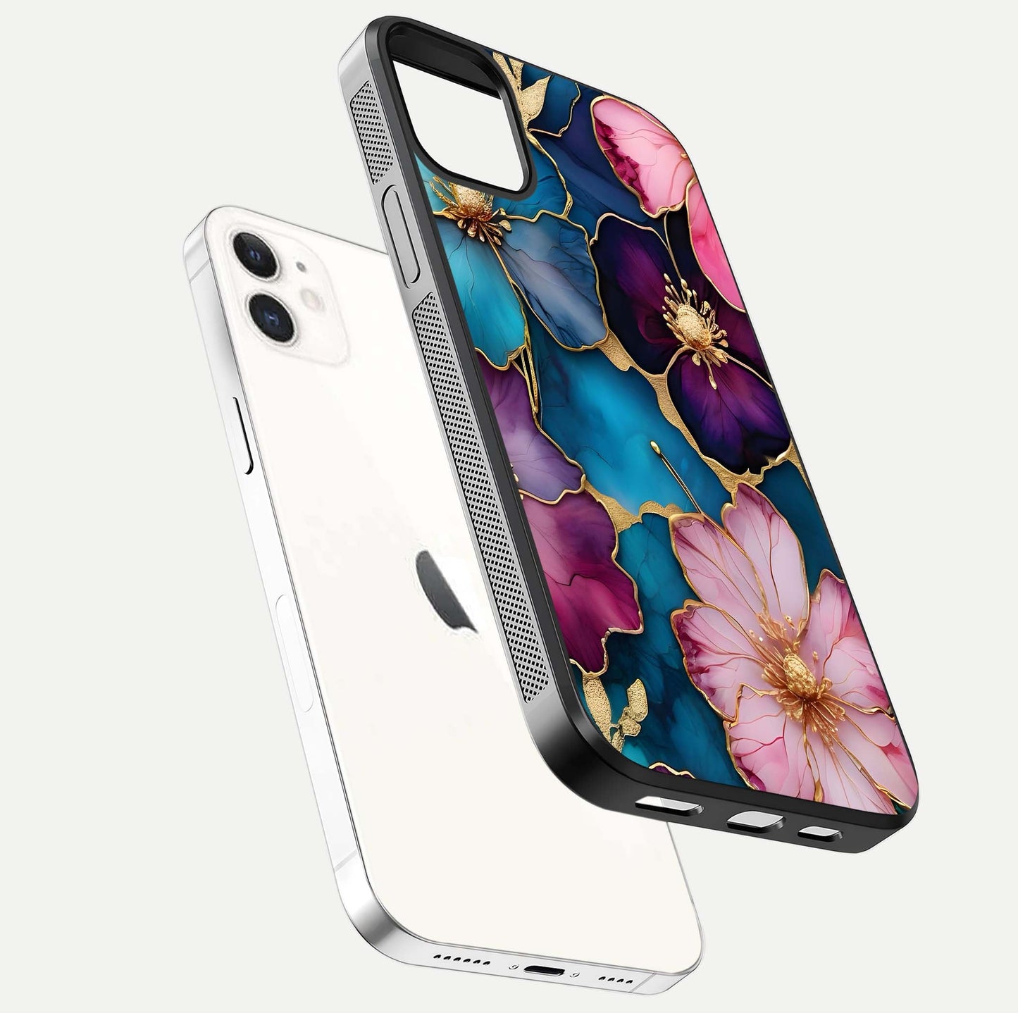 Sparkle Floral Glass Case for iPhone 12 Mini floating dual-view mockup displaying gloss surface and sparkle effect