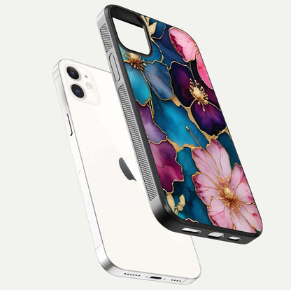Sparkle Floral Glass Case for iPhone 12 Mini floating dual-view mockup displaying gloss surface and sparkle effect