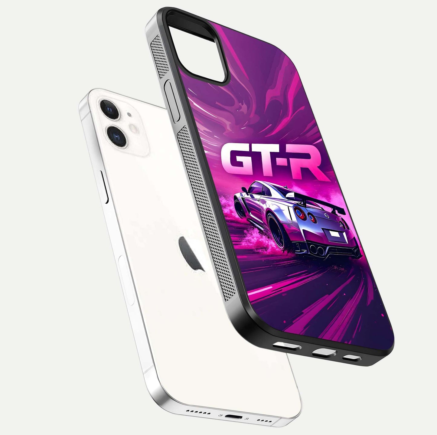Speed Drift Legend Glass Case for iPhone 12 Mini floating dual-view mockup displaying gloss shine and motion effect