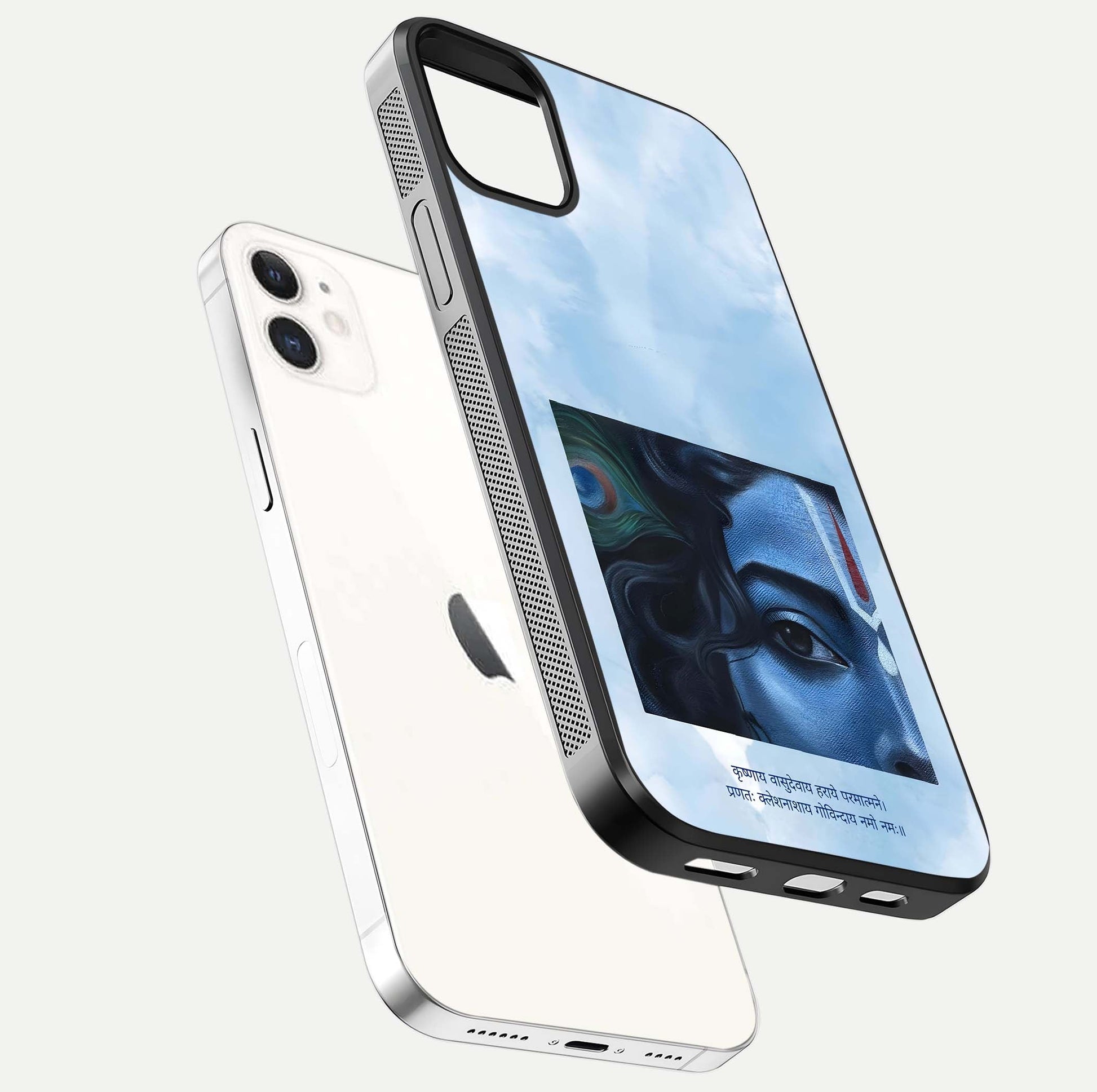 Spiritual Krishna Glass Case for iPhone 12 Mini floating dual-view mockup displaying gloss shine and divine detail