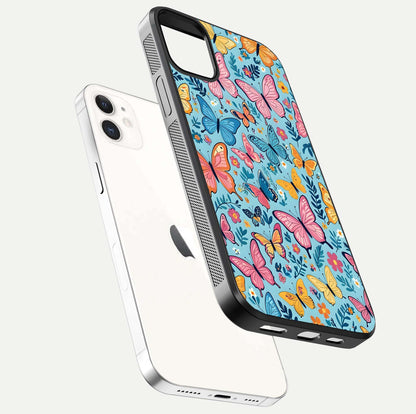 Spring Wing Garden Glass Case for iPhone 12 Mini floating dual-view mockup showing gloss texture and vivid print