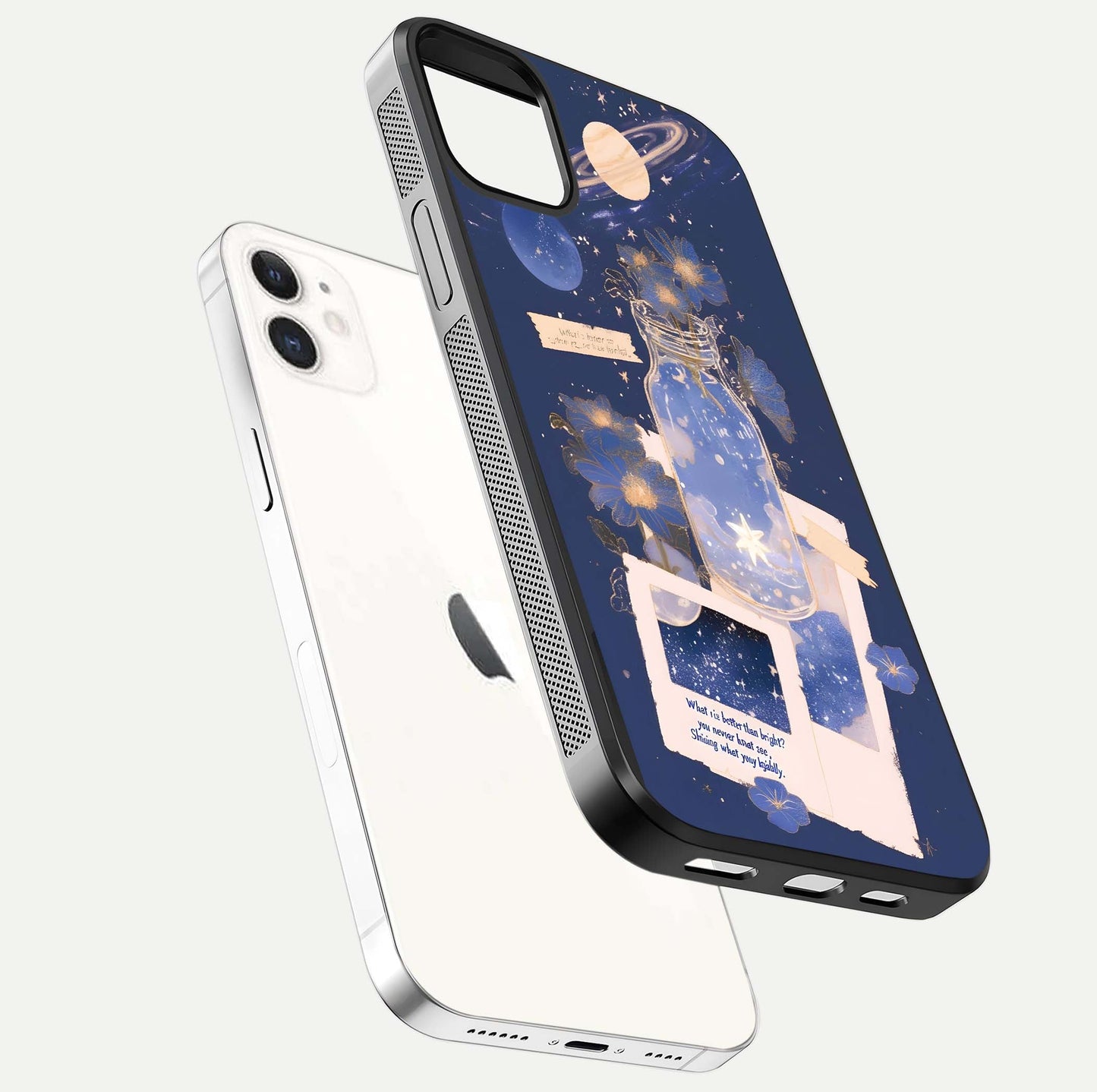 Starlit Cosmic Jar Glass Case for iPhone 12 Mini floating dual-view mockup displaying gloss and starry depth