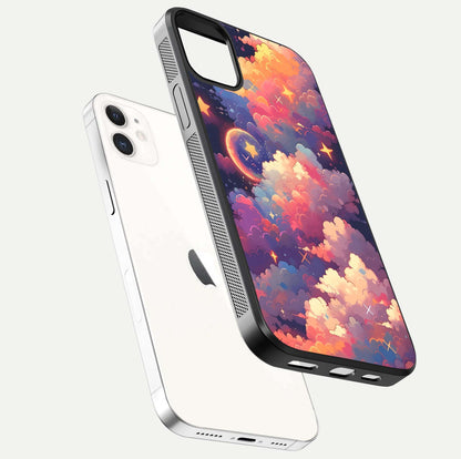 Starlit Dream Clouds Glass Case for iPhone 12 Mini floating dual-view mockup displaying gloss and soft light detail