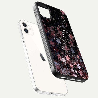 Starlit Flower Dreams Glass Case for iPhone 12 Mini floating dual-view mockup displaying gloss and print clarity