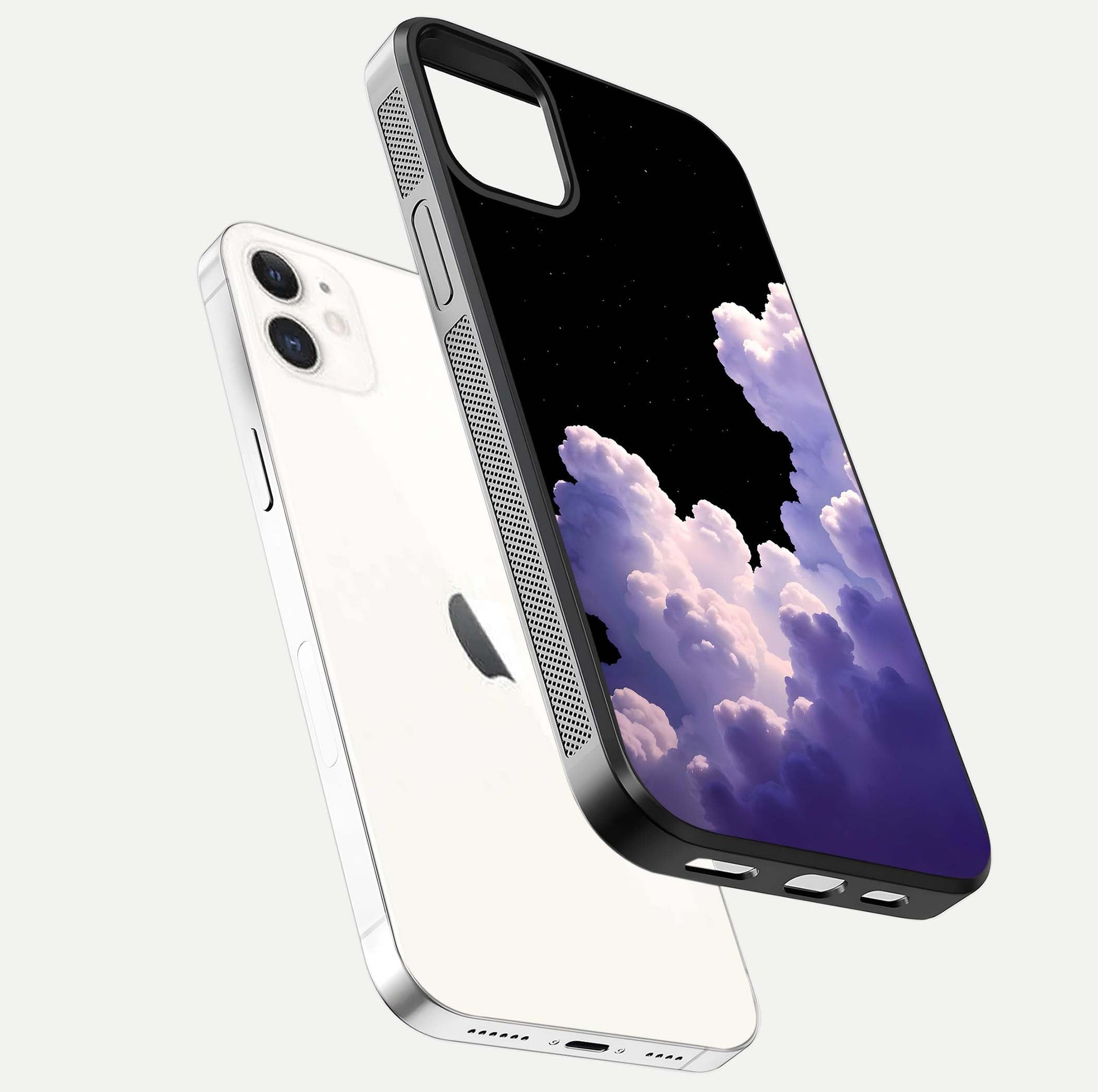 Starlit Night Whispers Glass Case for iPhone 12 Mini floating dual-view mockup displaying gloss surface and depth