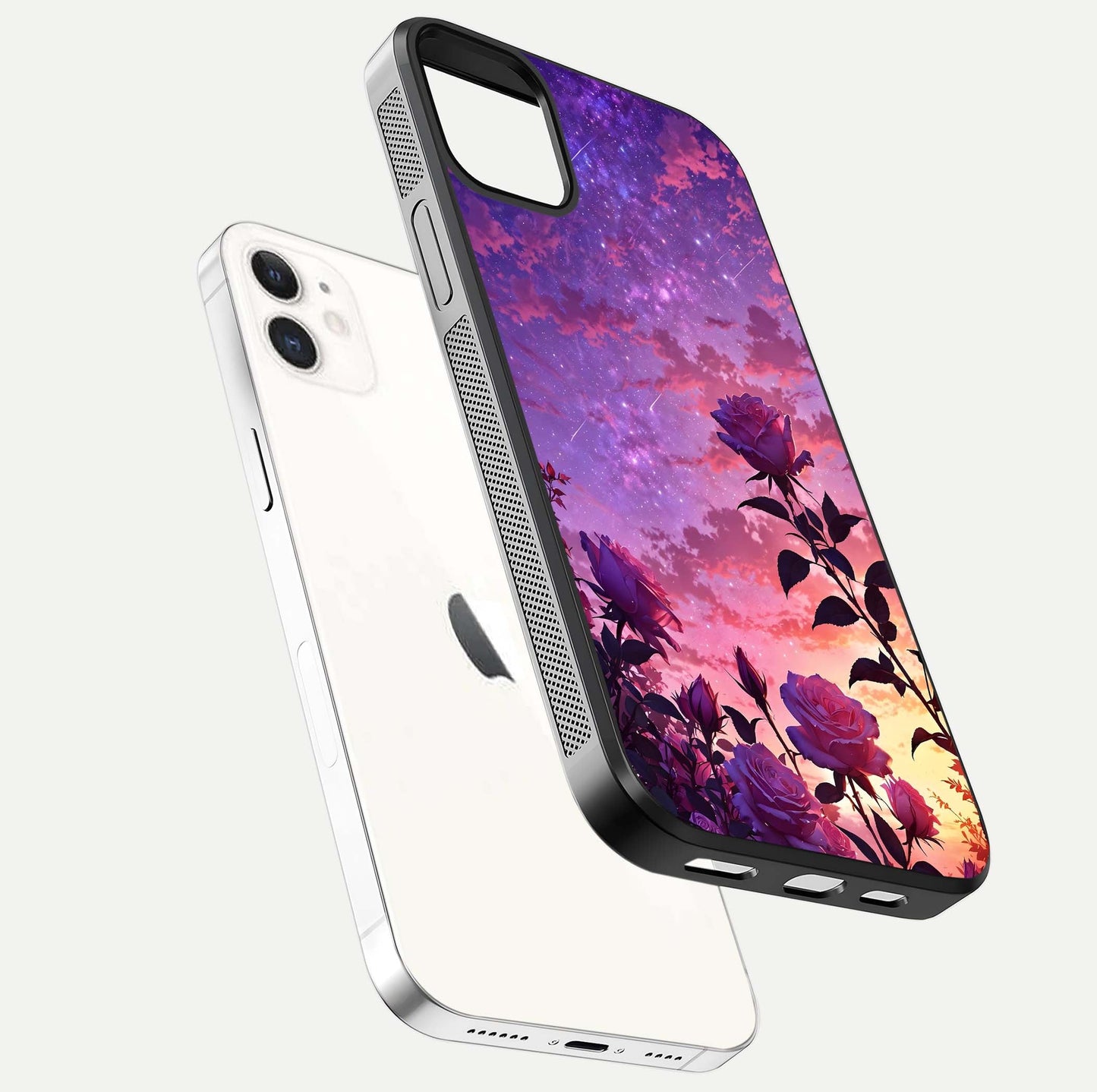 Starlit Rose Twilight Glass Case for iPhone 12 Mini floating dual-view mockup displaying gloss shine and depth