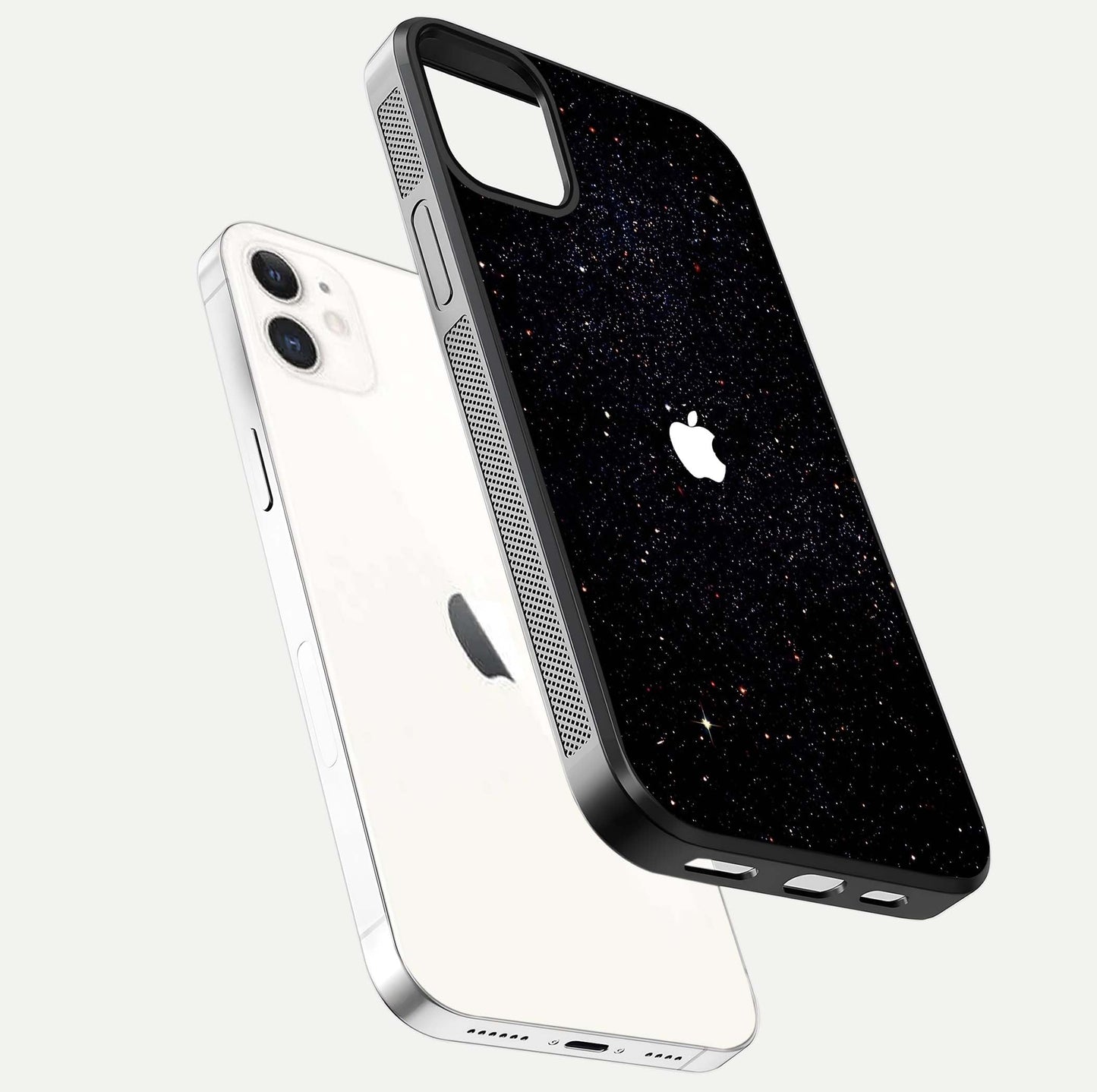 Starry Apple Galaxy Glass Case for iPhone 12 Mini floating dual-view mockup displaying reflection and shine