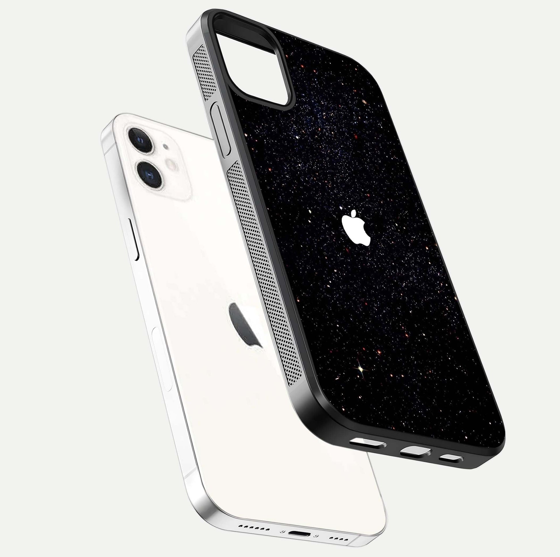 Starry Apple Galaxy Glass Case for iPhone 12 Mini floating dual-view mockup displaying reflection and shine