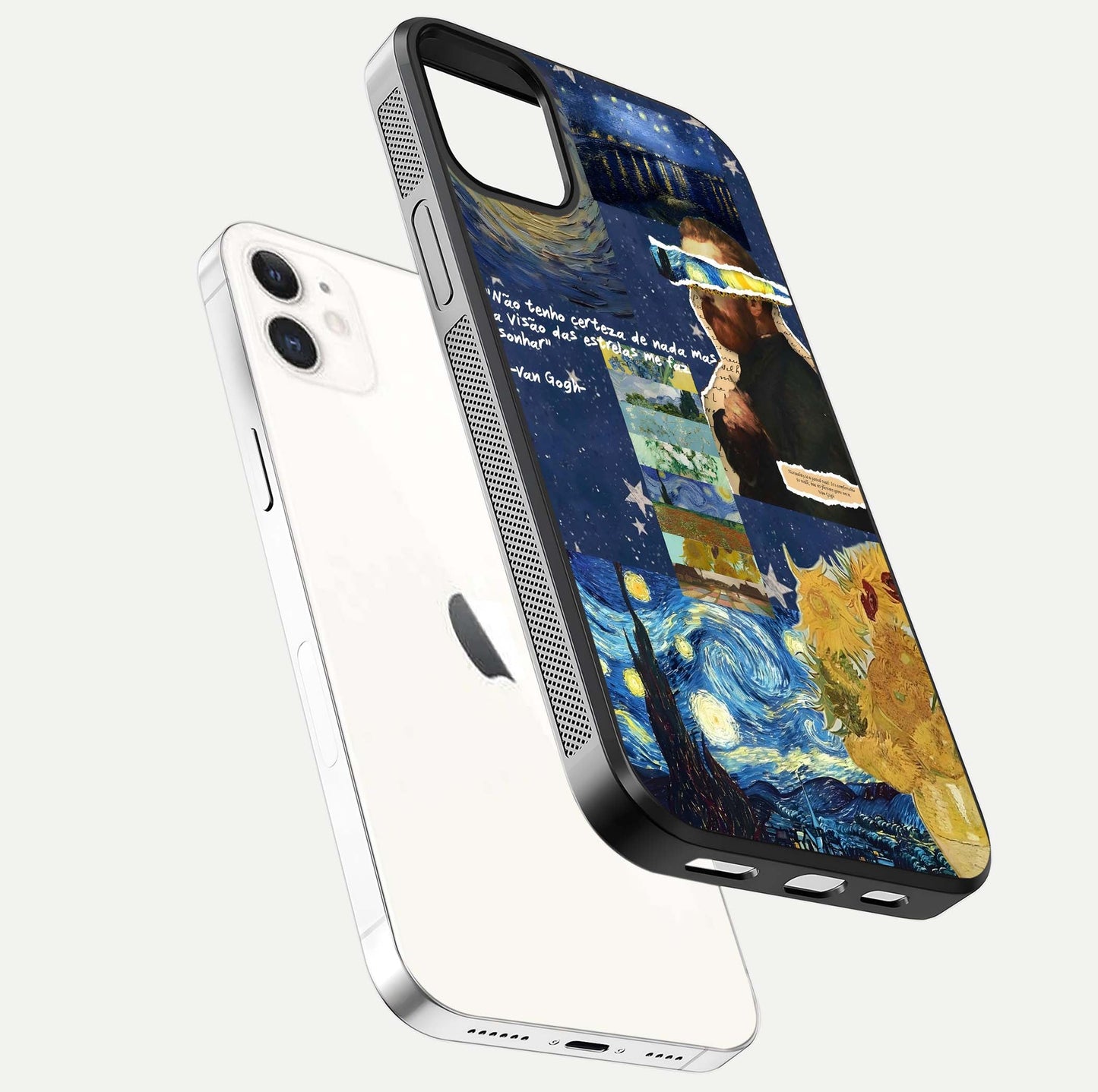 Starry Dream Vision Glass Case for iPhone 12 Mini floating dual-view mockup displaying gloss surface and clarity