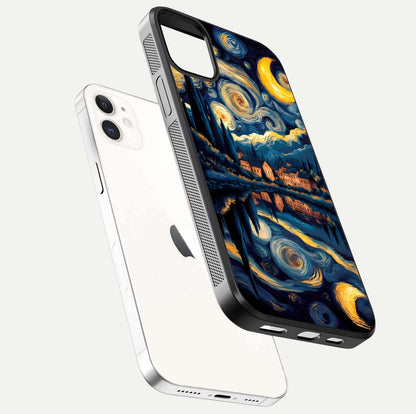 Starry Sky Serenity Glass Case for iPhone 12 Mini floating dual-view mockup displaying gloss texture and shine