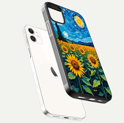 Starry Sunflower Dreams Glass Case for iPhone 12 Mini floating dual-view mockup displaying gloss and vivid print