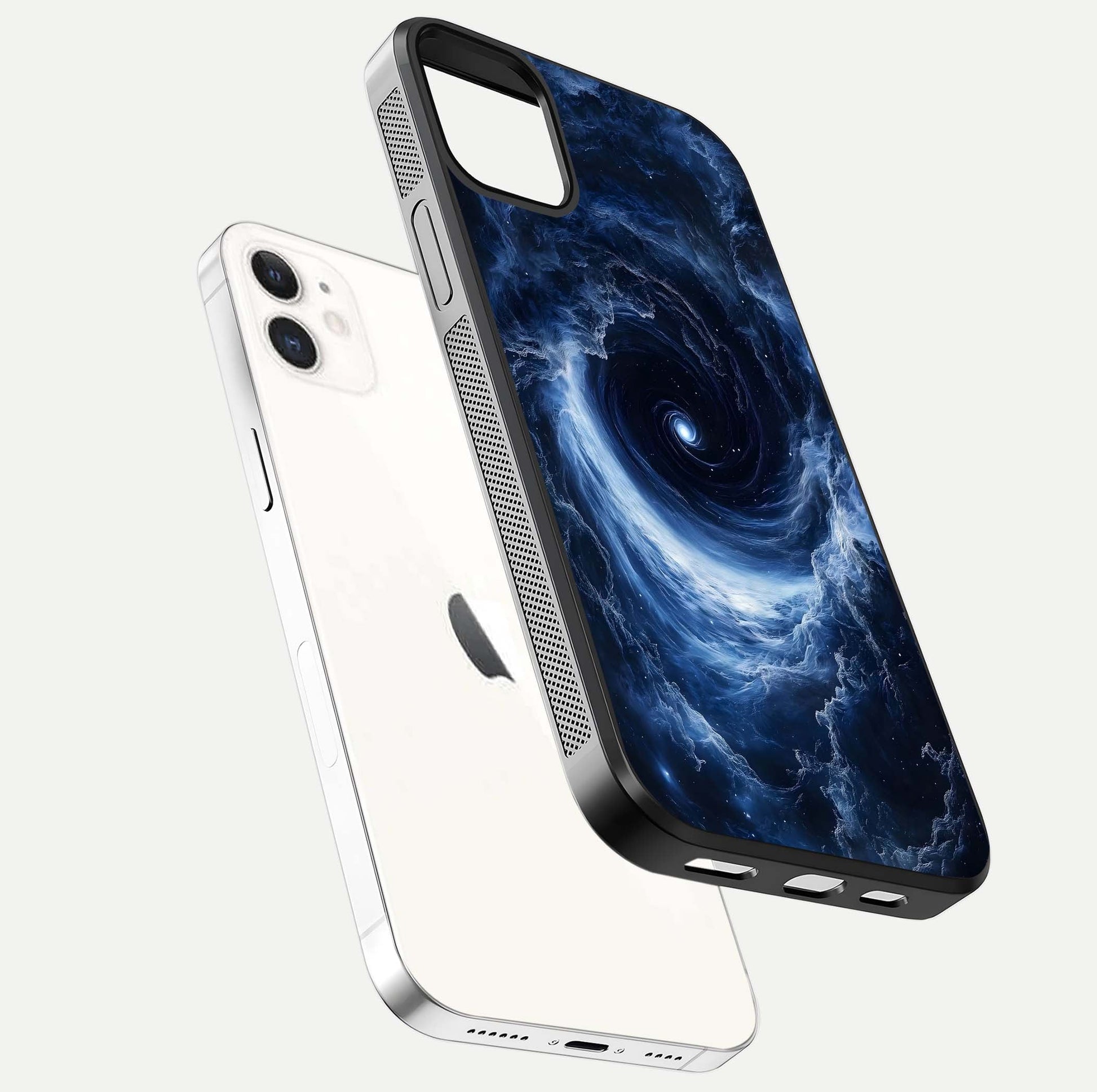 Stunning Galaxy Glass Case for iPhone 12 Mini floating dual-view mockup displaying gloss shine and vivid print depth