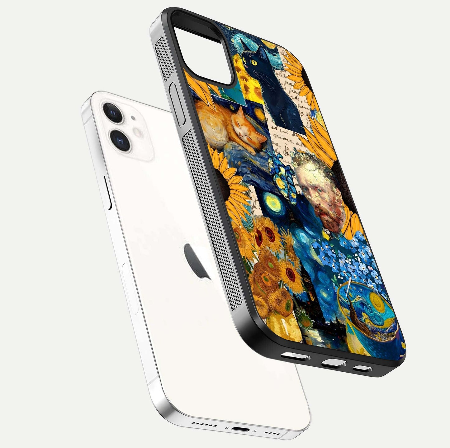Sunflower Cat Art Glass Case for iPhone 12 Mini floating dual-view mockup displaying gloss shine and HD art print
