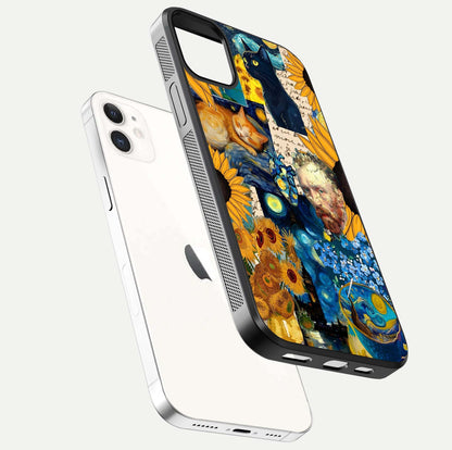 Sunflower Cat Art Glass Case for iPhone 12 Mini floating dual-view mockup displaying gloss shine and HD art print