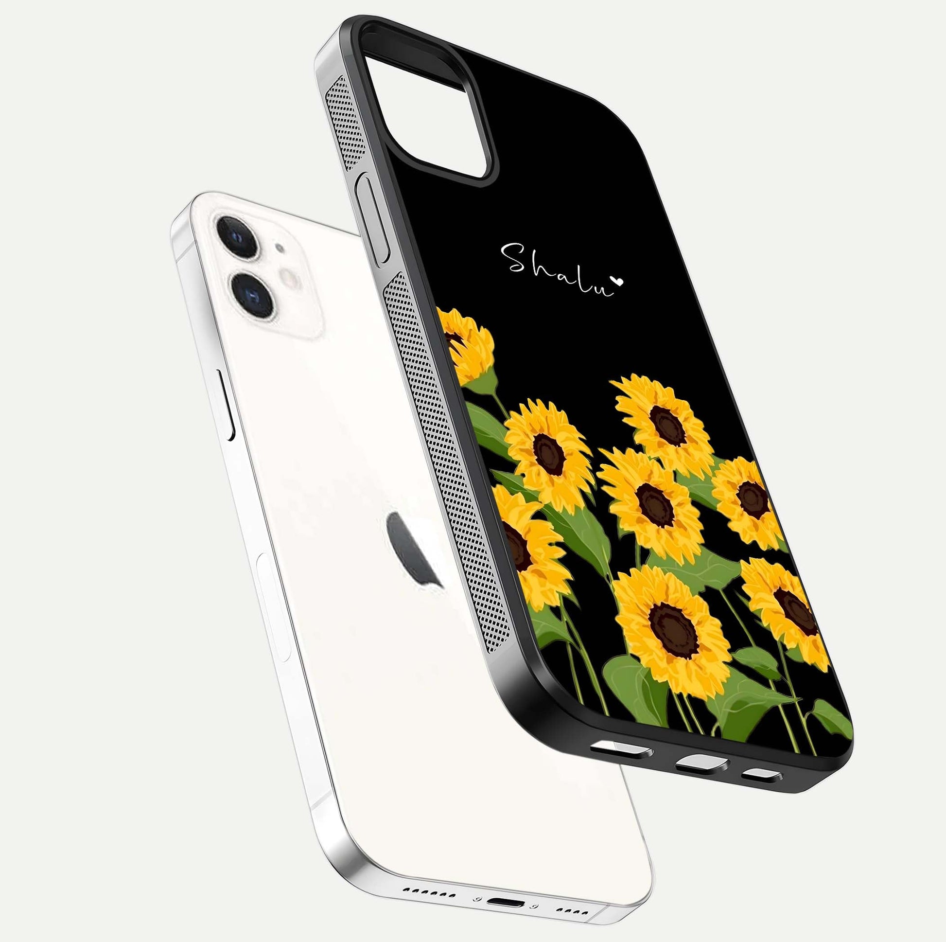 Sunflower Chic Mood Custom Name Glass Case for iPhone 12 Mini floating dual-view mockup displaying gloss texture and detail