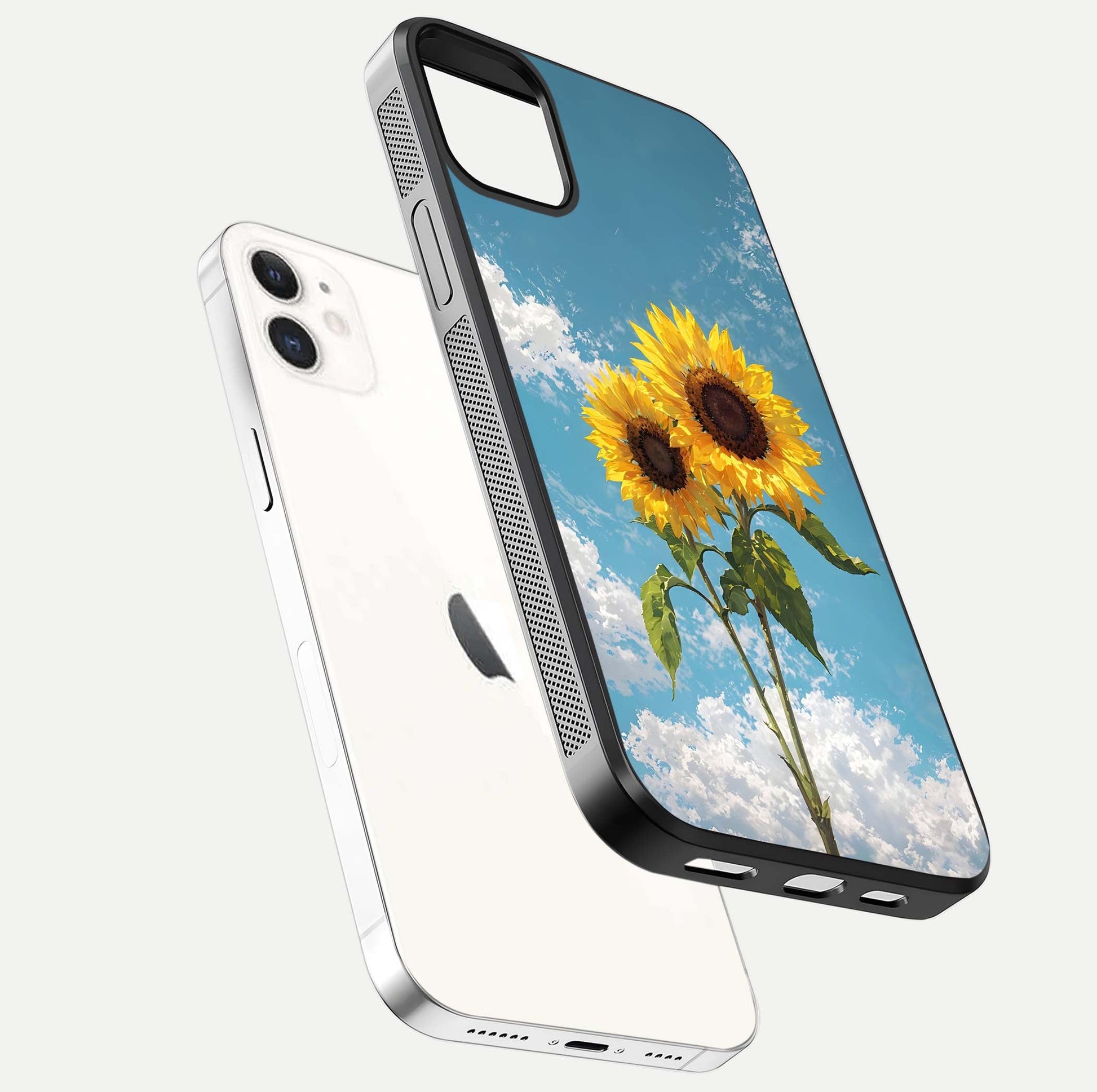 Sunflower Sky Bloom Glass Case for iPhone 12 Mini floating dual-view mockup displaying gloss shine and vibrant texture