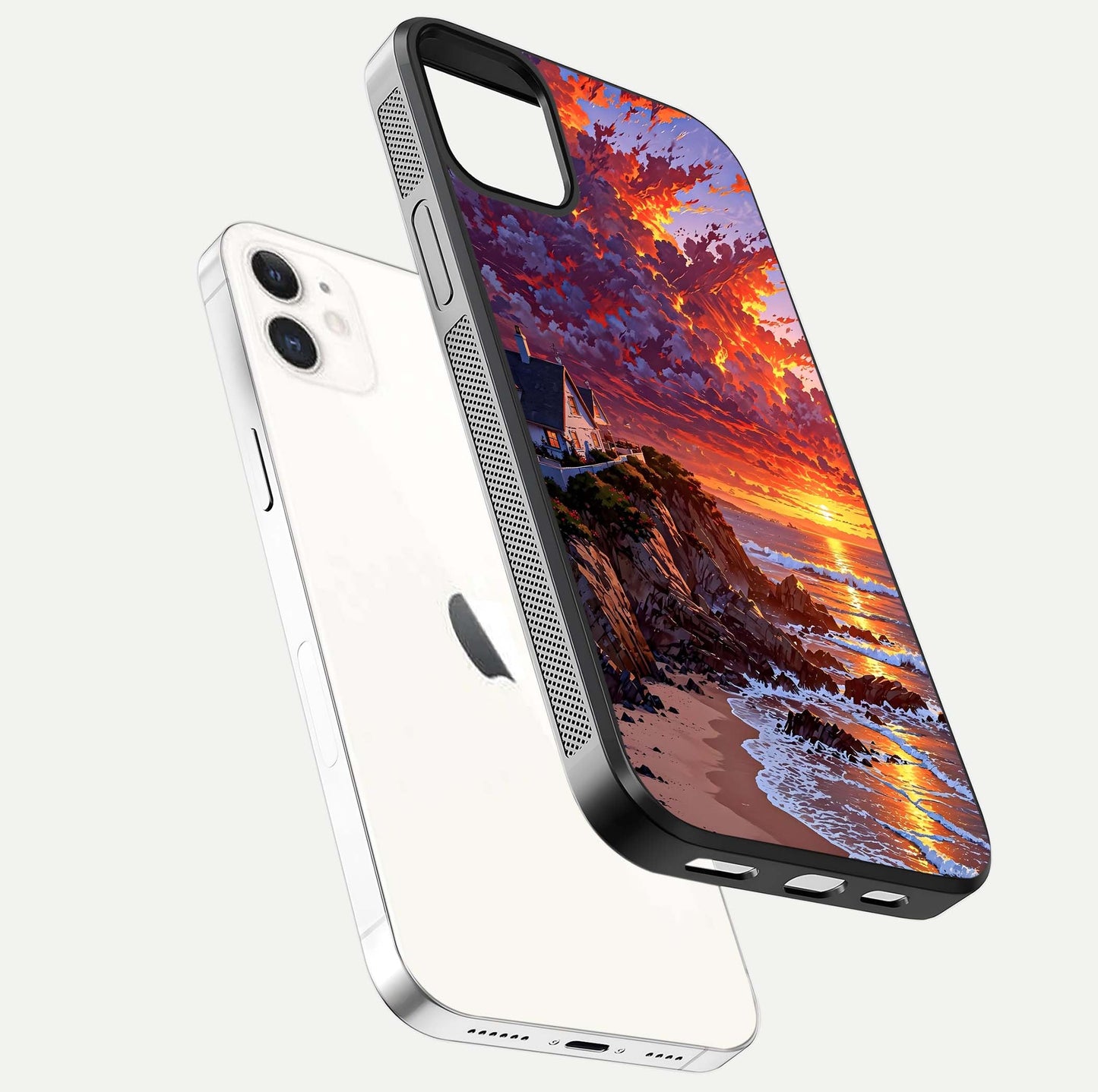 Sunset House by Sea Glass Case for iPhone 12 Mini floating dual-view mockup displaying gloss shine and depth