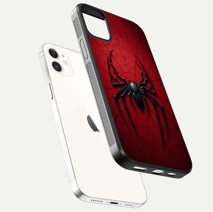 Venom Web Emblem Glass Case for iPhone 12 Mini floating dual-view mockup displaying gloss shine and HD print