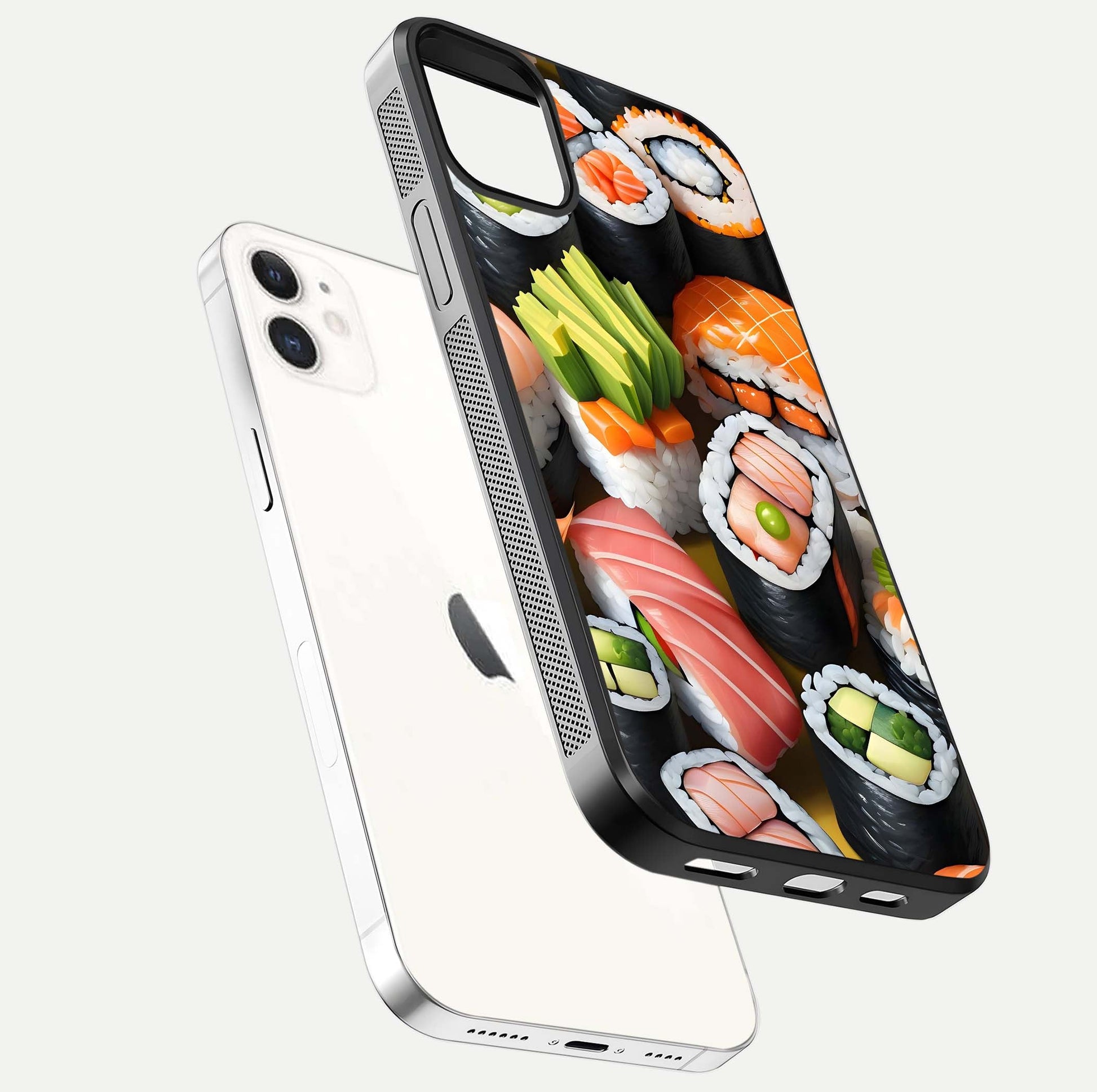 Sushi Food Pattern Glass Case for iPhone 12 Mini floating dual-view mockup displaying gloss and HD pattern
