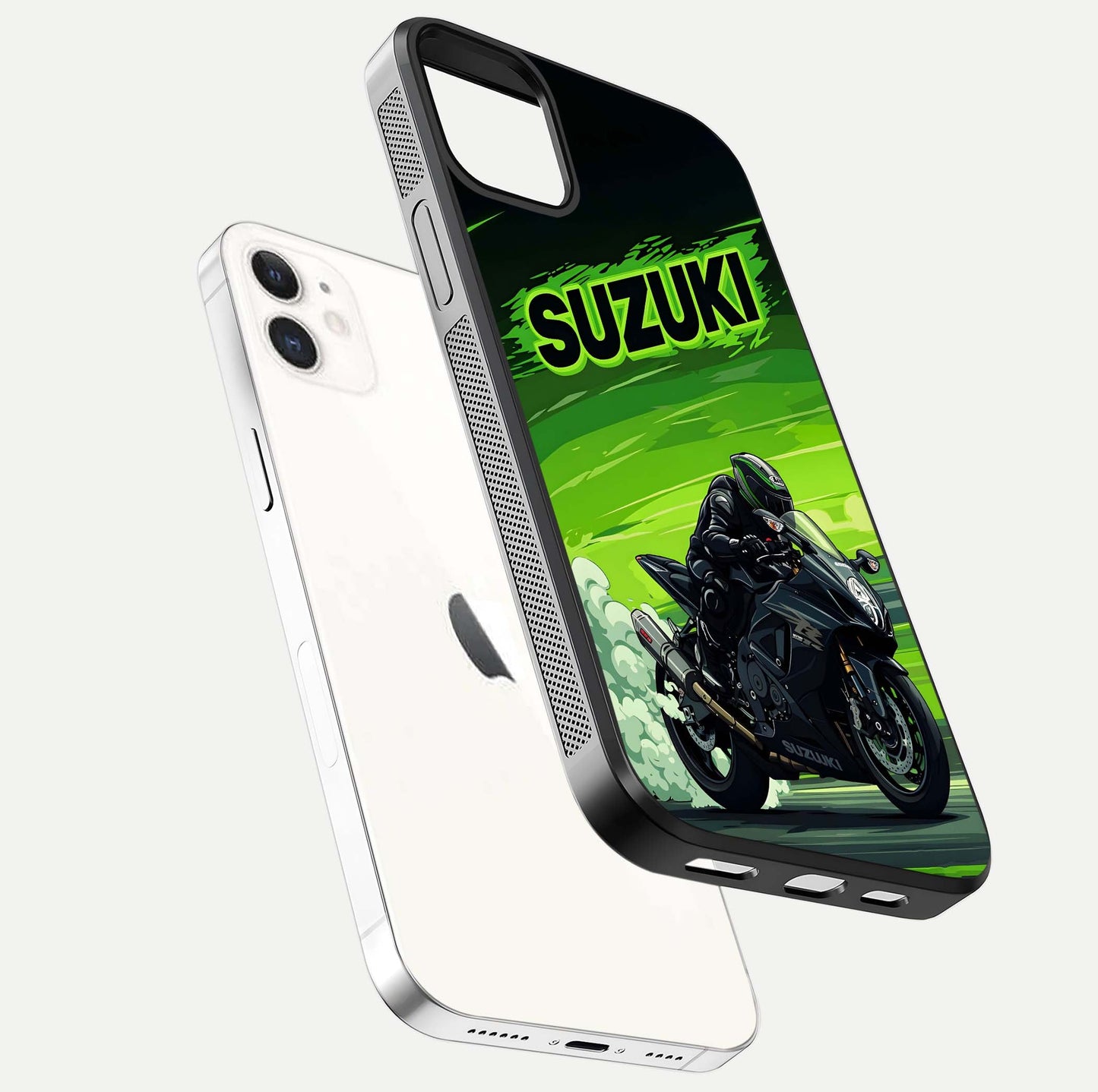 Suzuki Speed Beast Glass Case for iPhone 12 Mini floating dual-view mockup displaying gloss texture and shine
