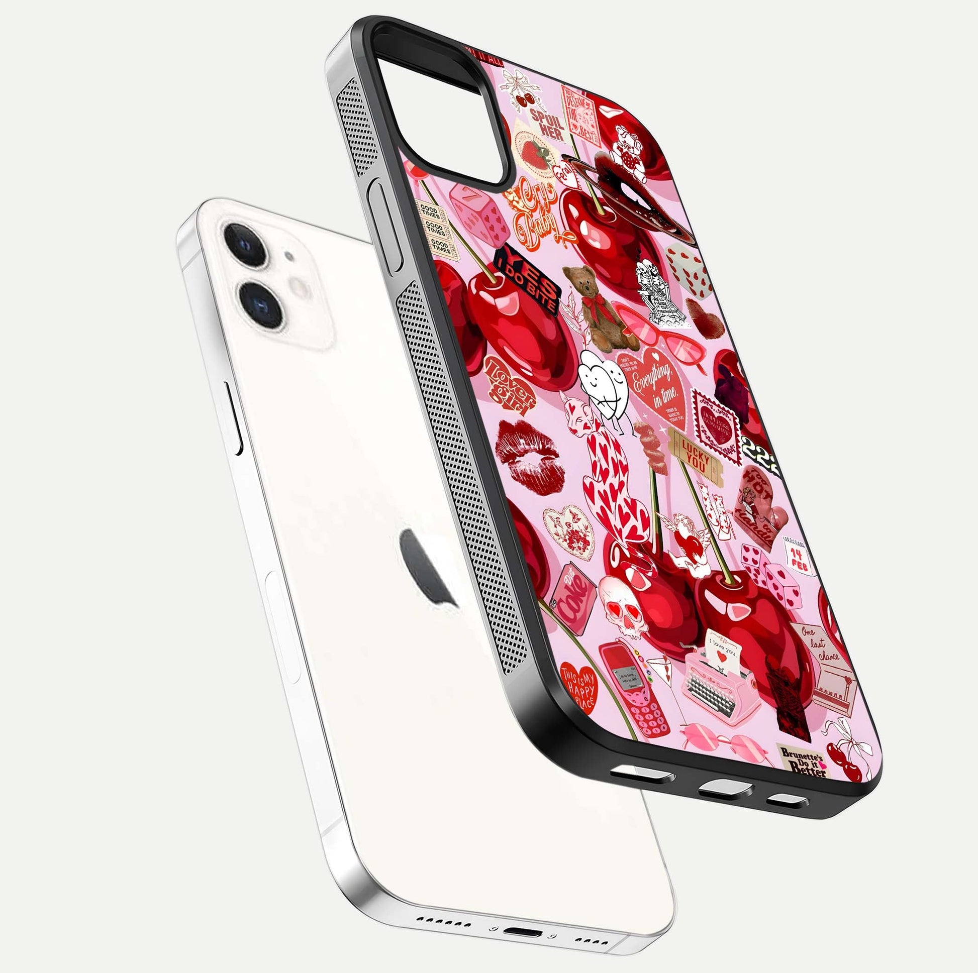 Sweet Cherry Chaos Glass Case for iPhone 12 Mini floating dual-view mockup displaying gloss surface and depth