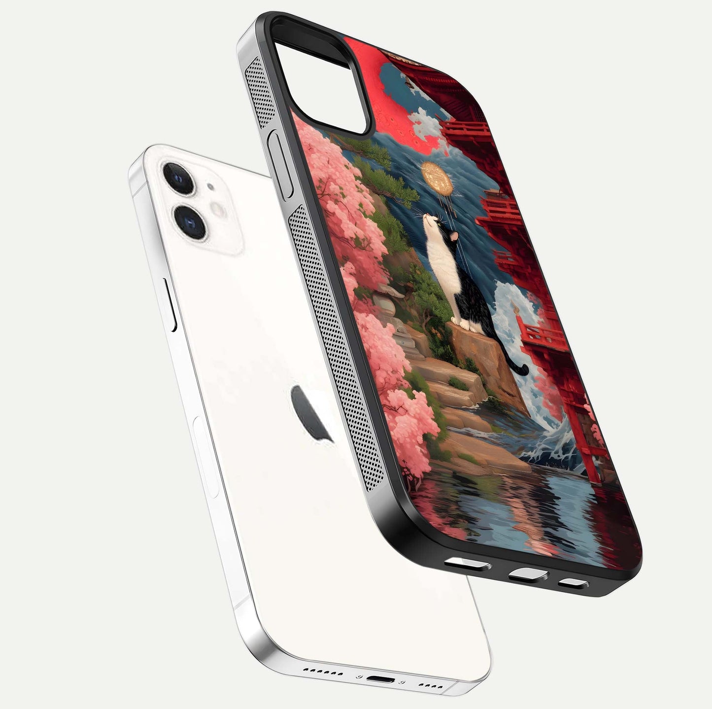 Temple Cat Scenery Glass Case for iPhone 12 Mini floating dual-view mockup displaying gloss and depth detail