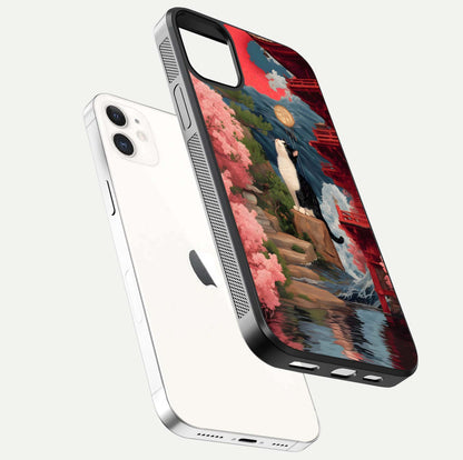 Temple Cat Scenery Glass Case for iPhone 12 Mini floating dual-view mockup displaying gloss and depth detail