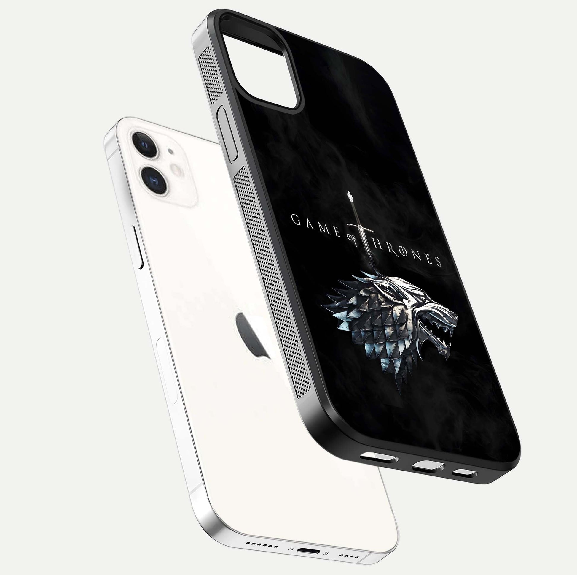 Throne Wolf Legacy Glass Case for iPhone 12 Mini floating dual-view mockup displaying gloss depth and wolf artwork