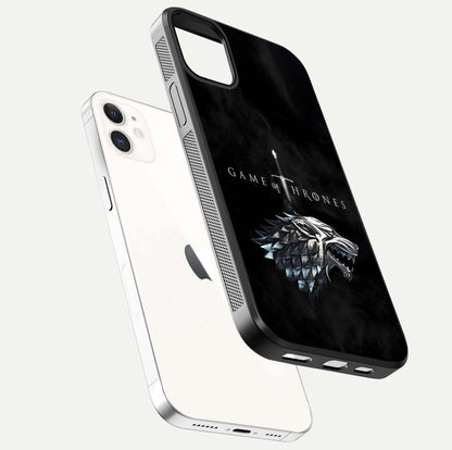 Throne Wolf Legacy Glass Case for iPhone 12 Mini floating dual-view mockup displaying gloss depth and wolf artwork