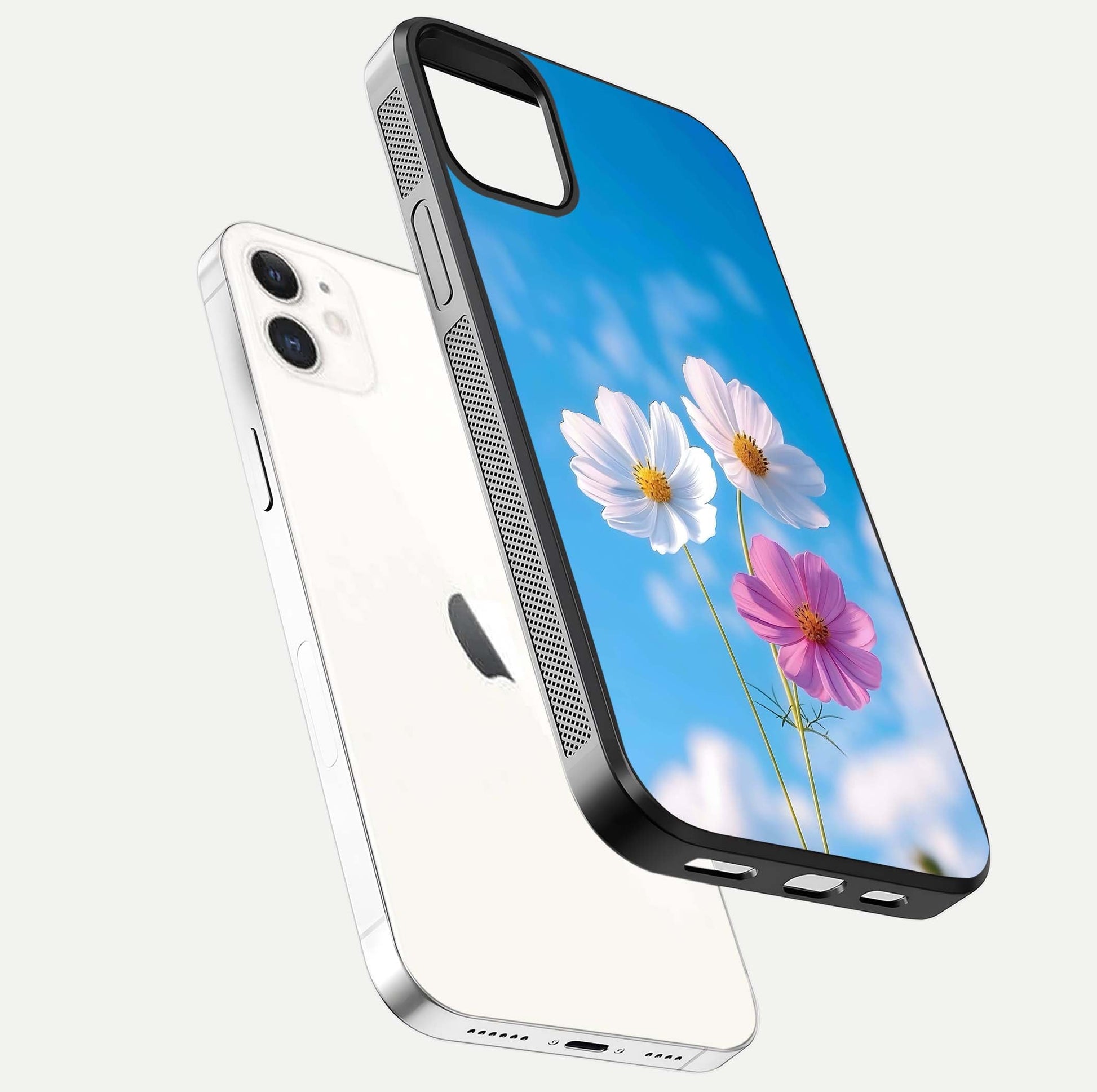 Triple Flowers With Sky Glass Case for iPhone 12 Mini floating dual-view mockup displaying gloss and soft hues