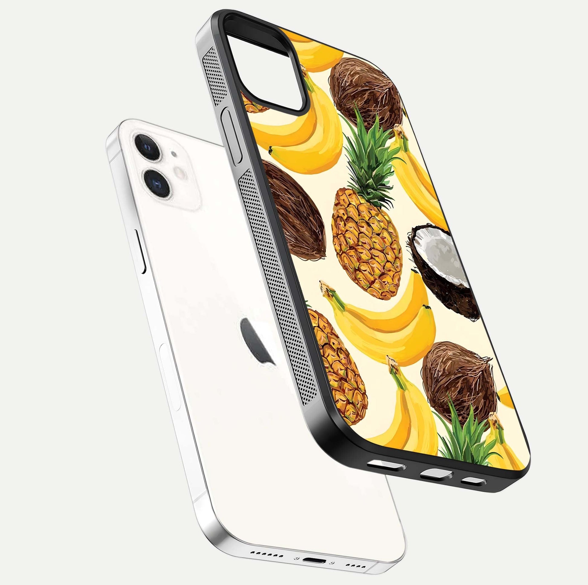 Tropical Fruit Mood Glass Case for iPhone 12 Mini floating dual-view mockup displaying gloss and vibrant colors