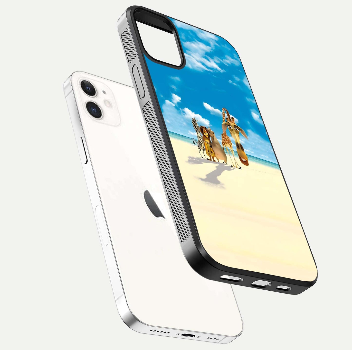 Tropical Fun Squad Glass Case for iPhone 12 Mini floating dual-view mockup displaying gloss reflection and contrast