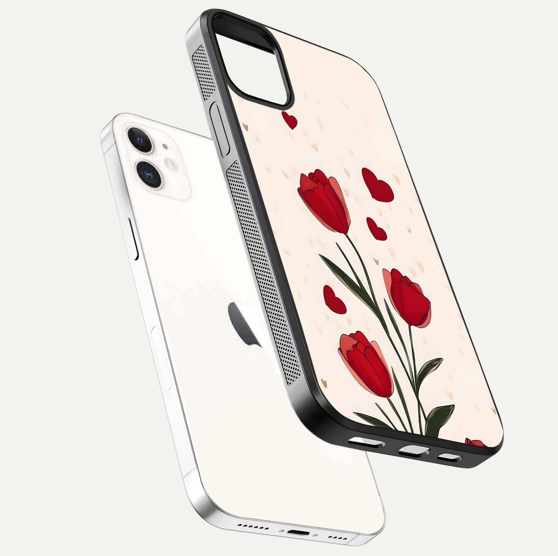 Tulip With Heart Glass Case for iPhone 12 Mini floating dual-view mockup displaying gloss texture and shine