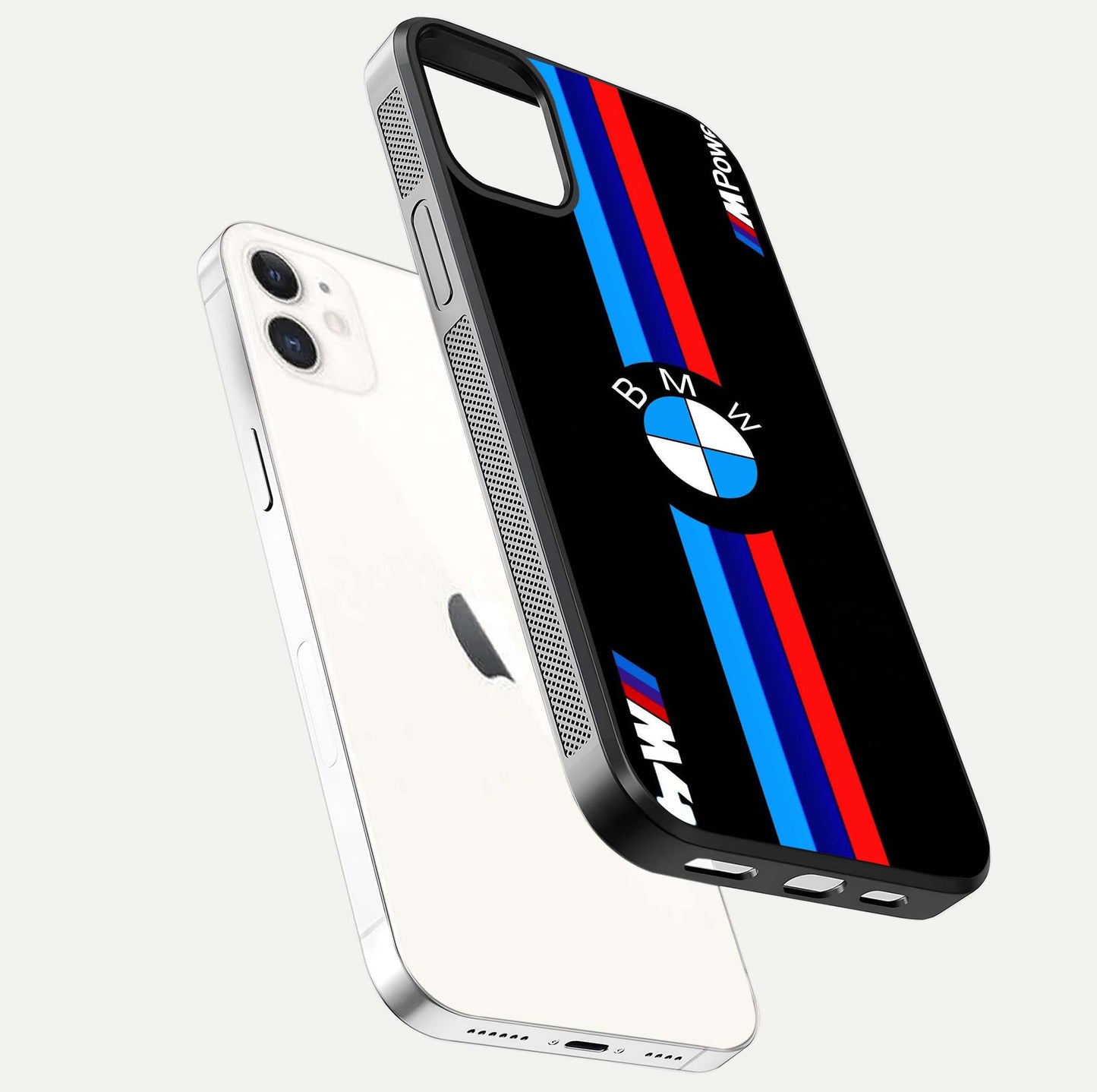 Turbo BMW Beast Glass Case for iPhone 12 Mini floating dual-view mockup displaying gloss texture and vivid print