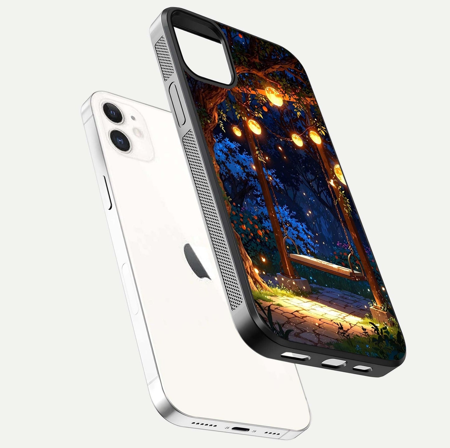 Twilight Garden Swing Glass Case for iPhone 12 Mini floating dual-view mockup displaying gloss and tone balance
