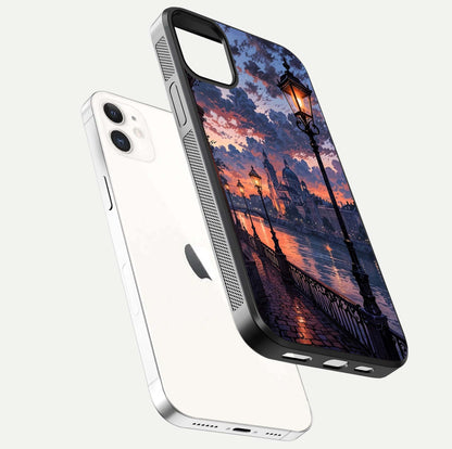 Twilight River Lights Glass Case for iPhone 12 Mini floating dual-view mockup displaying gloss shine and vivid details