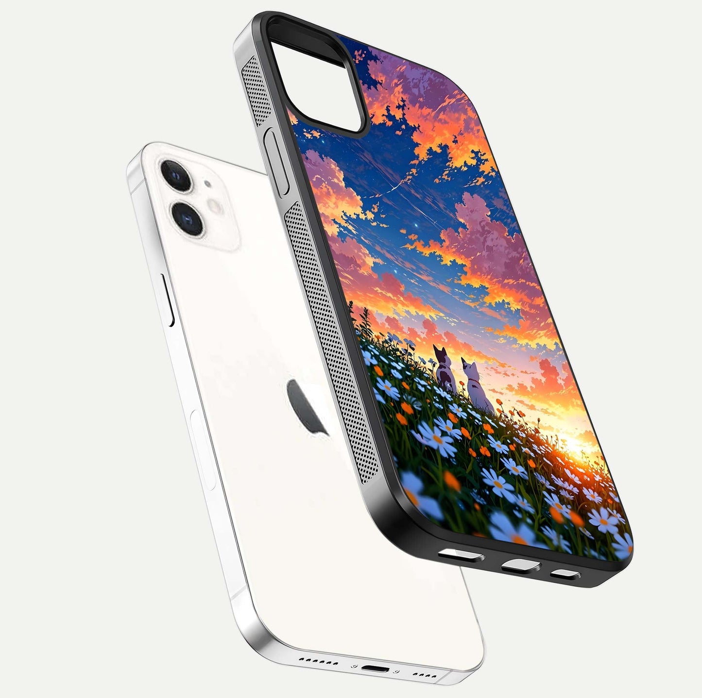 Two Cats Friends Glass Case for iPhone 12 Mini floating dual-view mockup displaying gloss surface and HD print