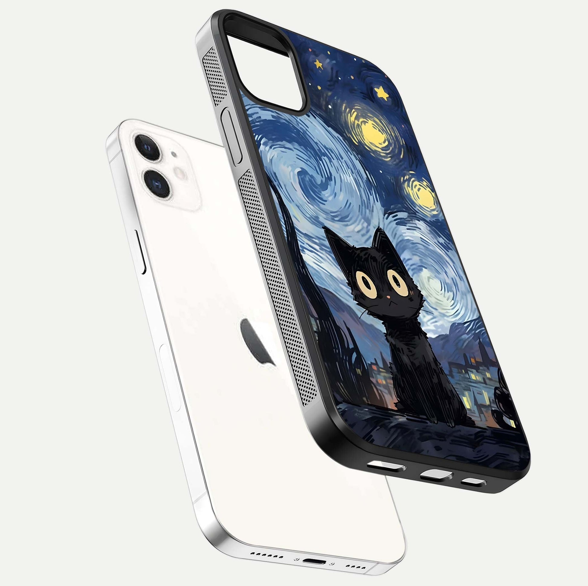Van Gogh Cat Glass Case for iPhone 12 Mini floating dual-view mockup displaying gloss shine and artistic texture