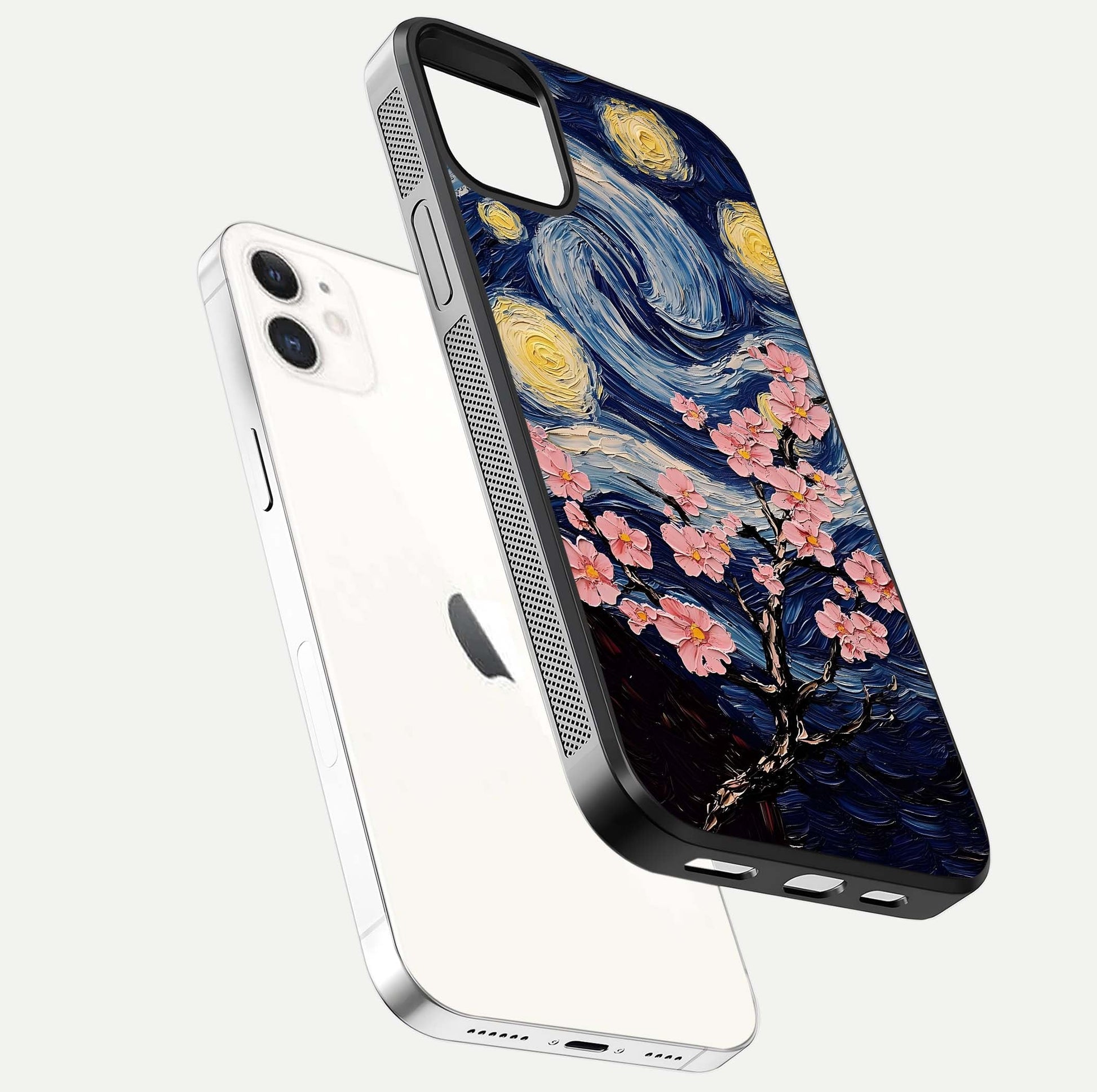 Van Gogh Scenery Glass Case for iPhone 12 Mini floating dual-view mockup displaying gloss reflection and HD quality