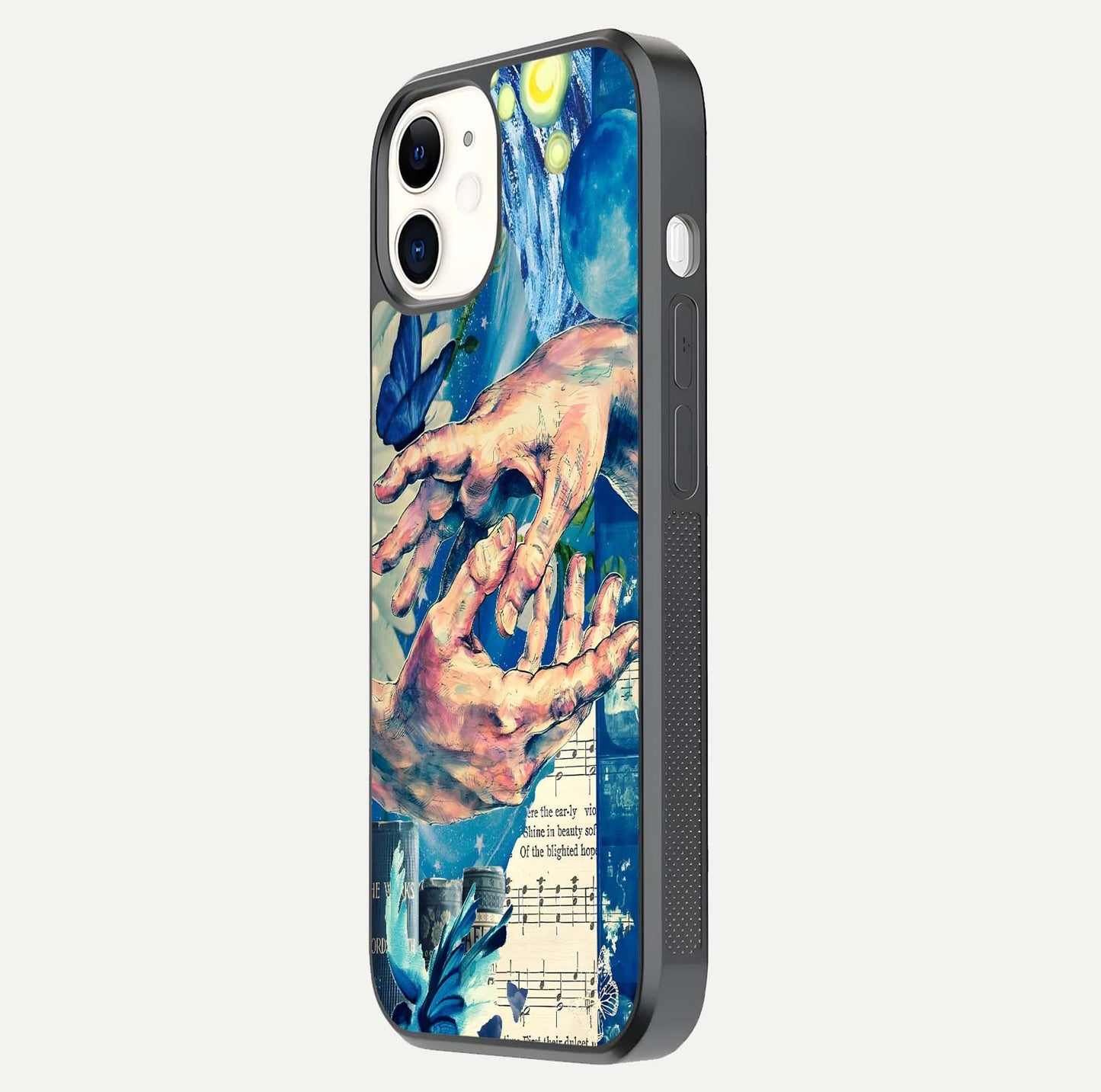 Aesthetic Divider Glass Case for iPhone 12 Mini side-angle image showing divider pattern print, camera module, and glossy finish reflection