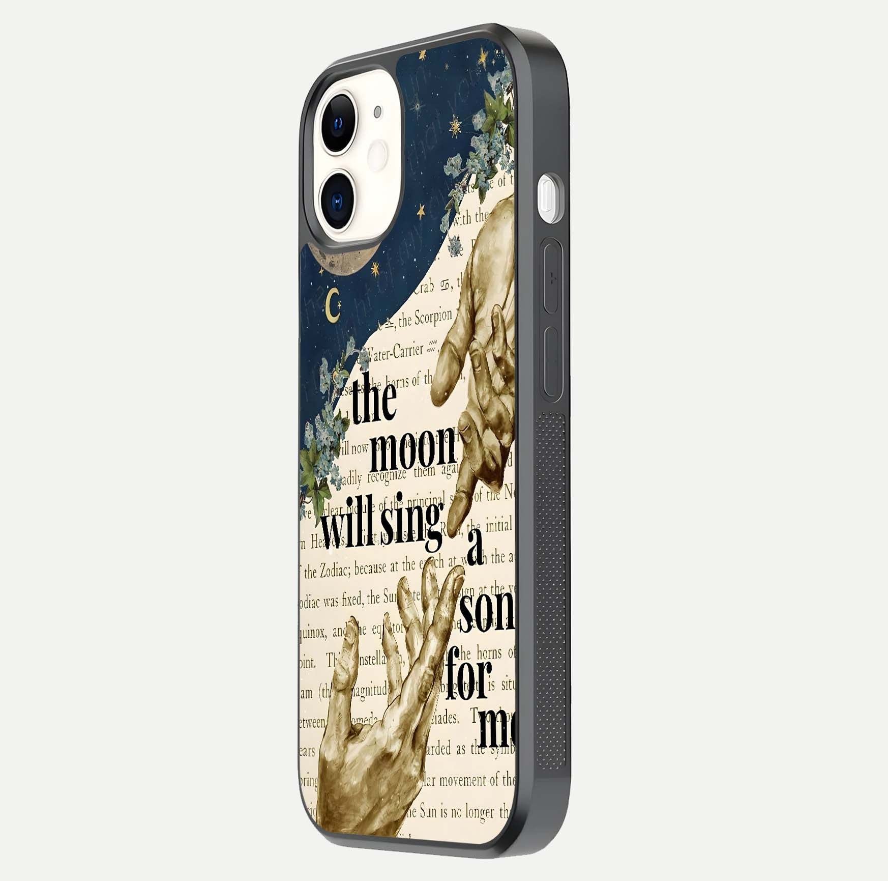 Aesthetic Divine Glass Case for iPhone 12 Mini side-angle image showing divine abstract design, camera module, and glossy finish reflection