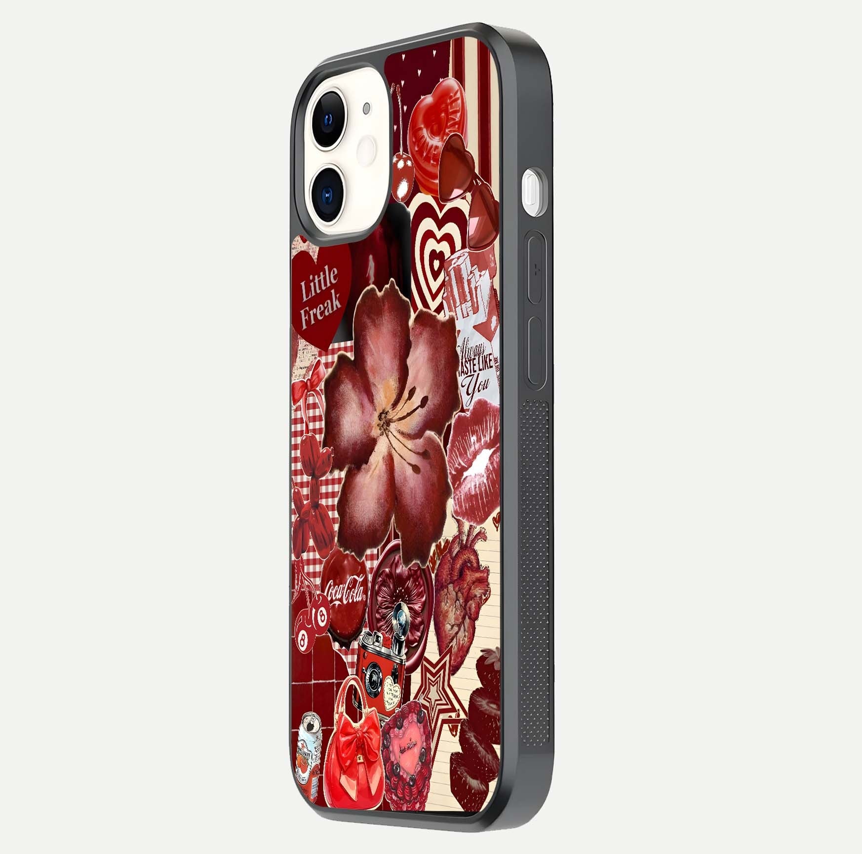 Aesthetic Little Freak Glass Case for iPhone 12 Mini side-angle image showing colorful design, camera module, and glossy finish reflection