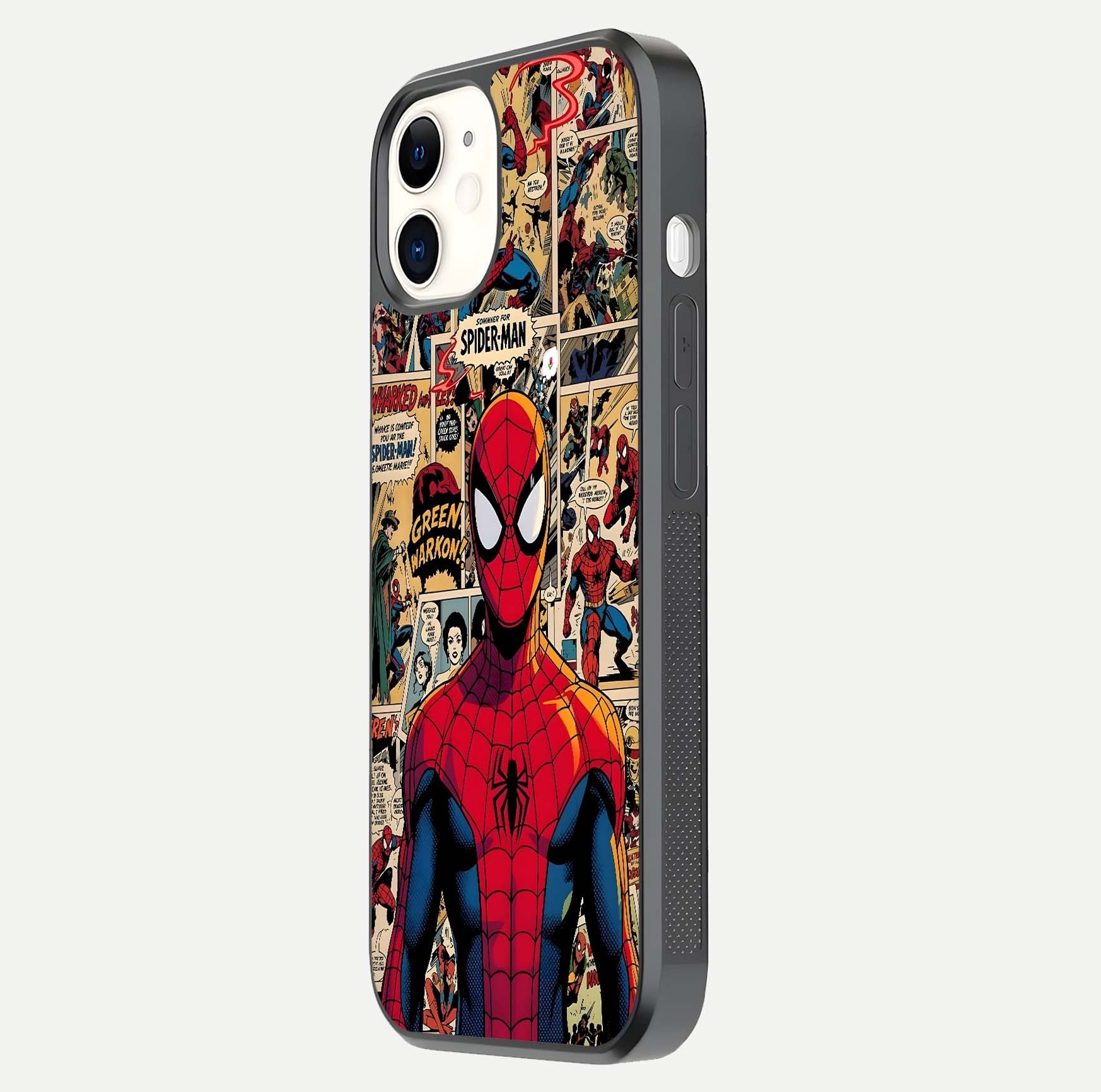 Aesthetic Spider Man Glass Case for iPhone 12 Mini side-angle image showing superhero comic print, camera module, and glossy finish reflection