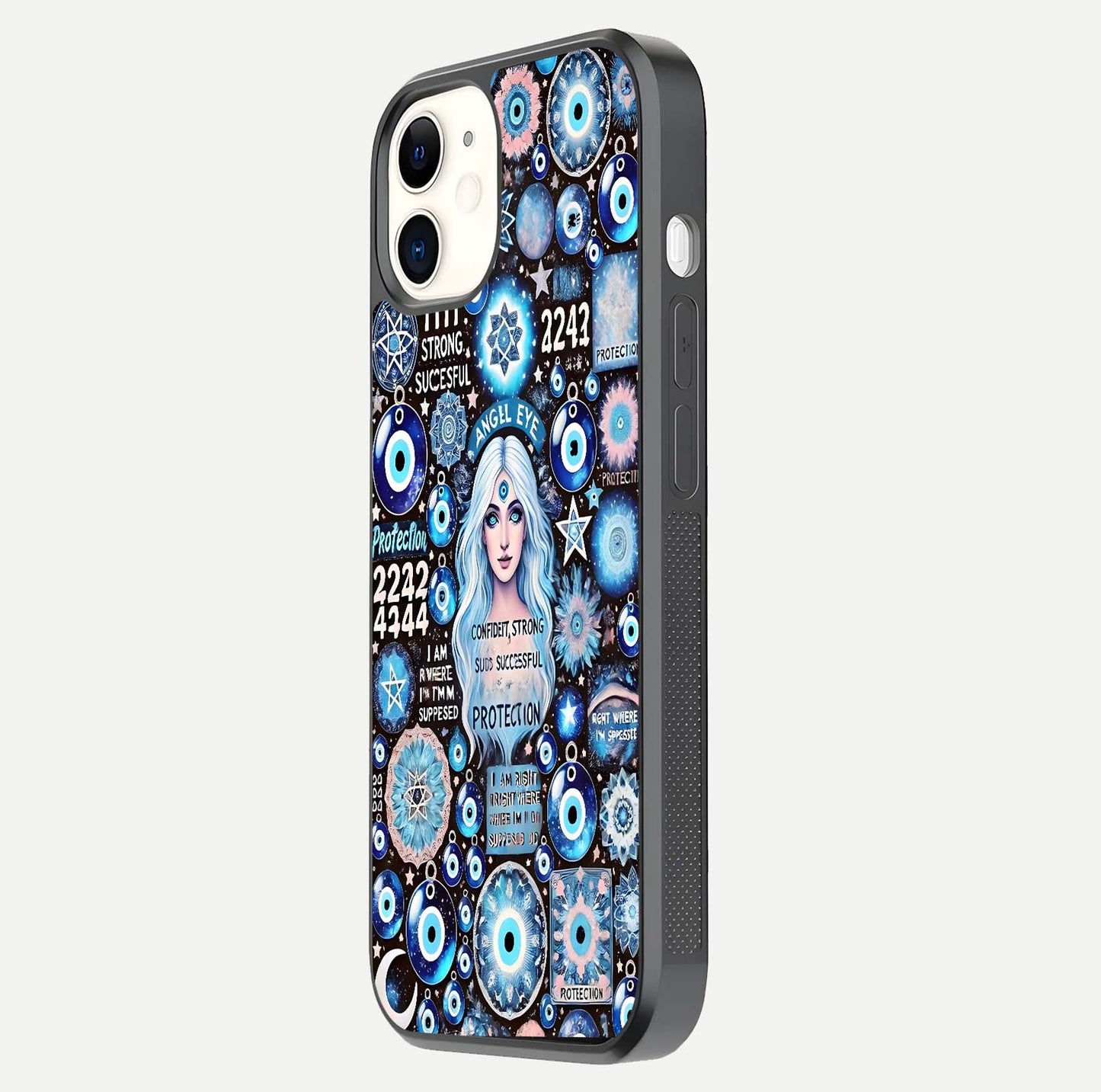 Angel Aura Shield Glass Case for iPhone 12 Mini side-angle photo showcasing aura details and glossy surface reflection