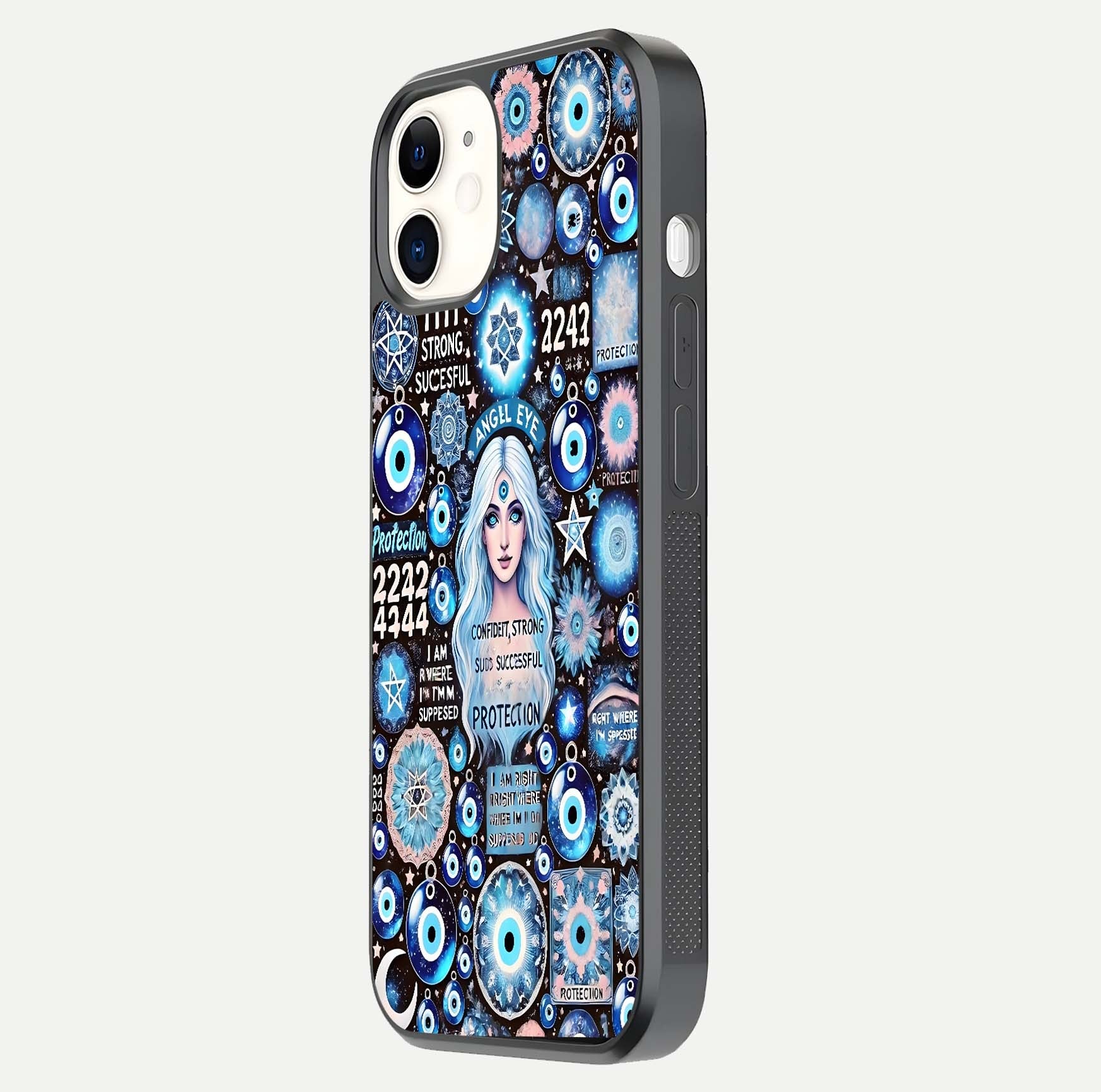 Angel Aura Shield Glass Case for iPhone 12 Mini side-angle photo showcasing aura details and glossy surface reflection