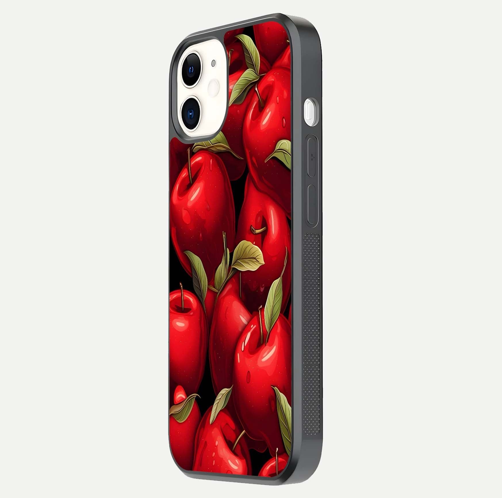 Apple Pattern Glass Case for iPhone 12 Mini side-angle image showcasing minimalist apple print and gloss reflection